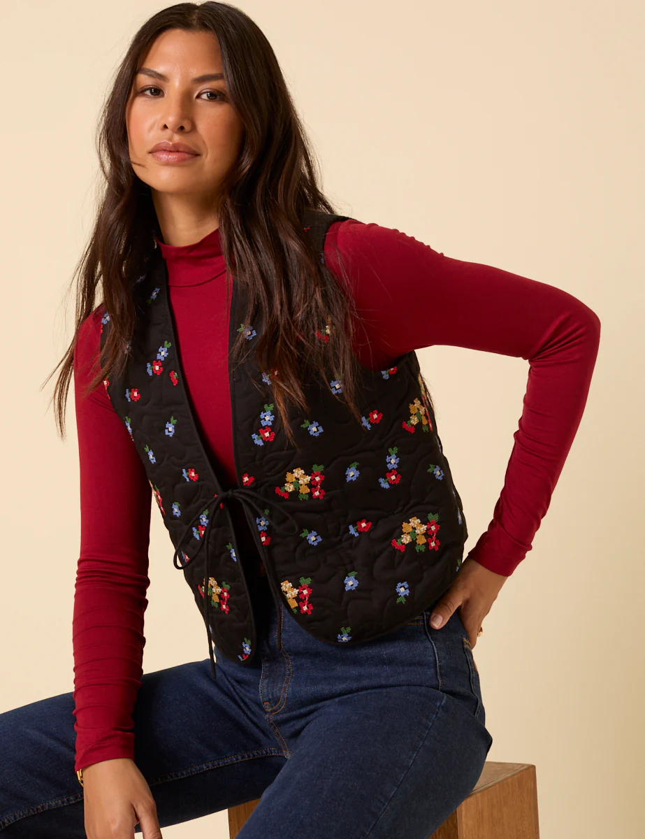 Black Floral Embroidered Waistcoat