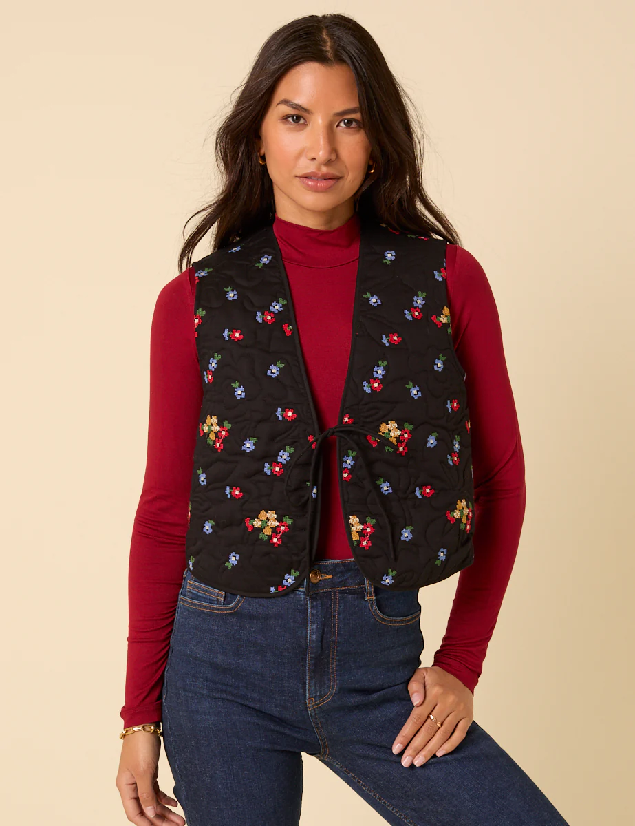 Black Floral Embroidered Waistcoat - Image 2