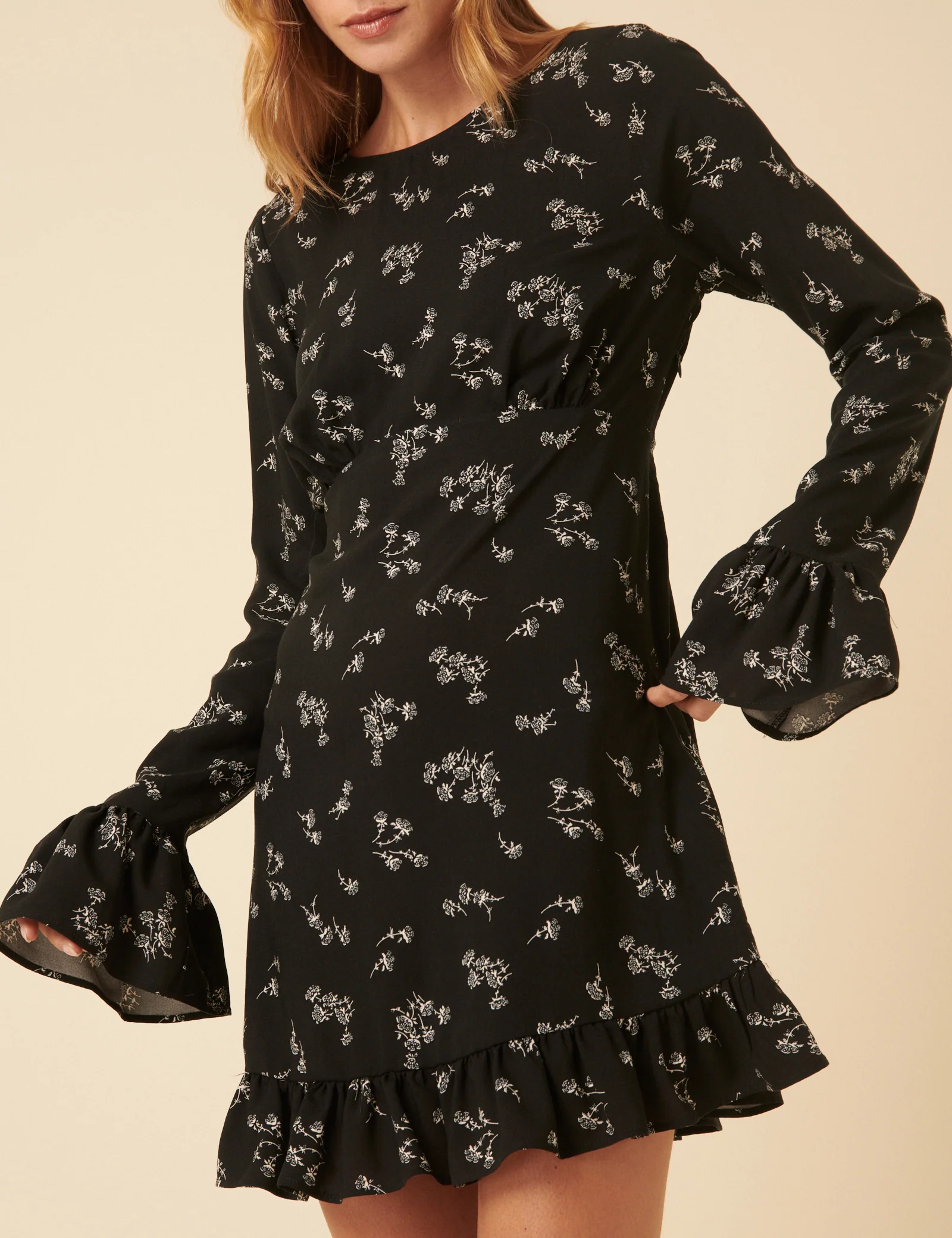 Black Floral Flute Sleeve Bella Mini Dress - Image 2