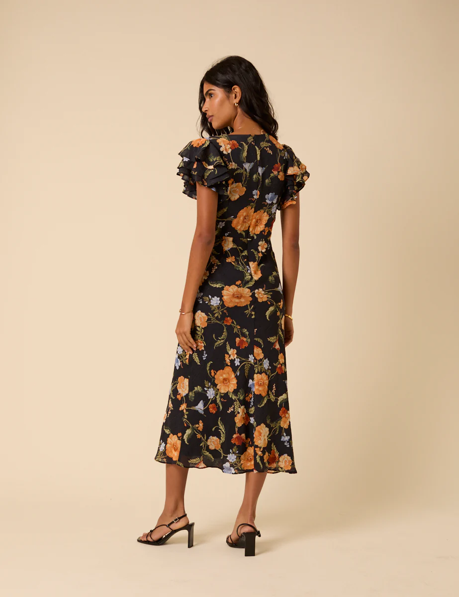 Black Floral Frill Sleeve Layla Midi Dress - Image 5