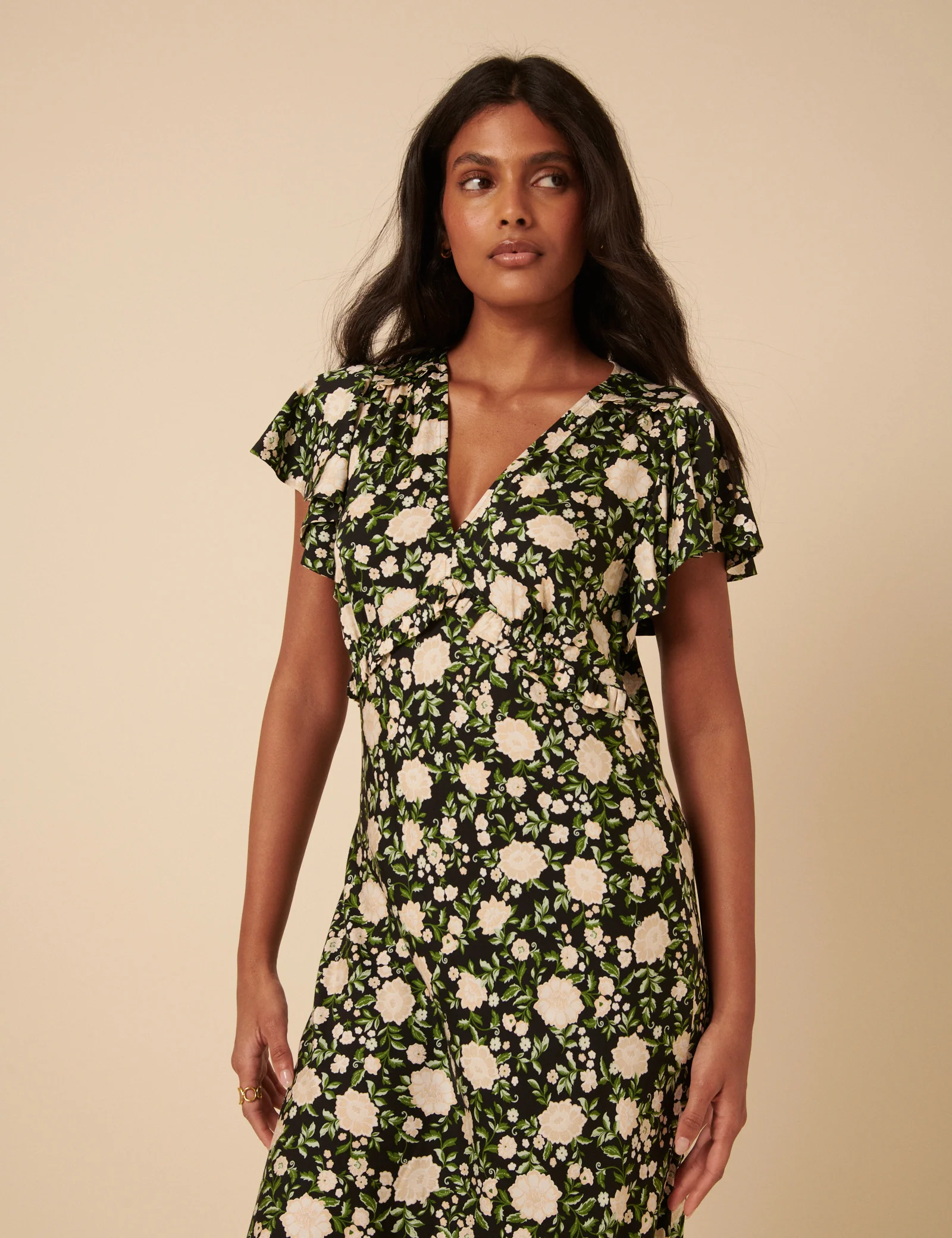 Black Floral Frill Sleeve Martha Midi Dress - Image 3