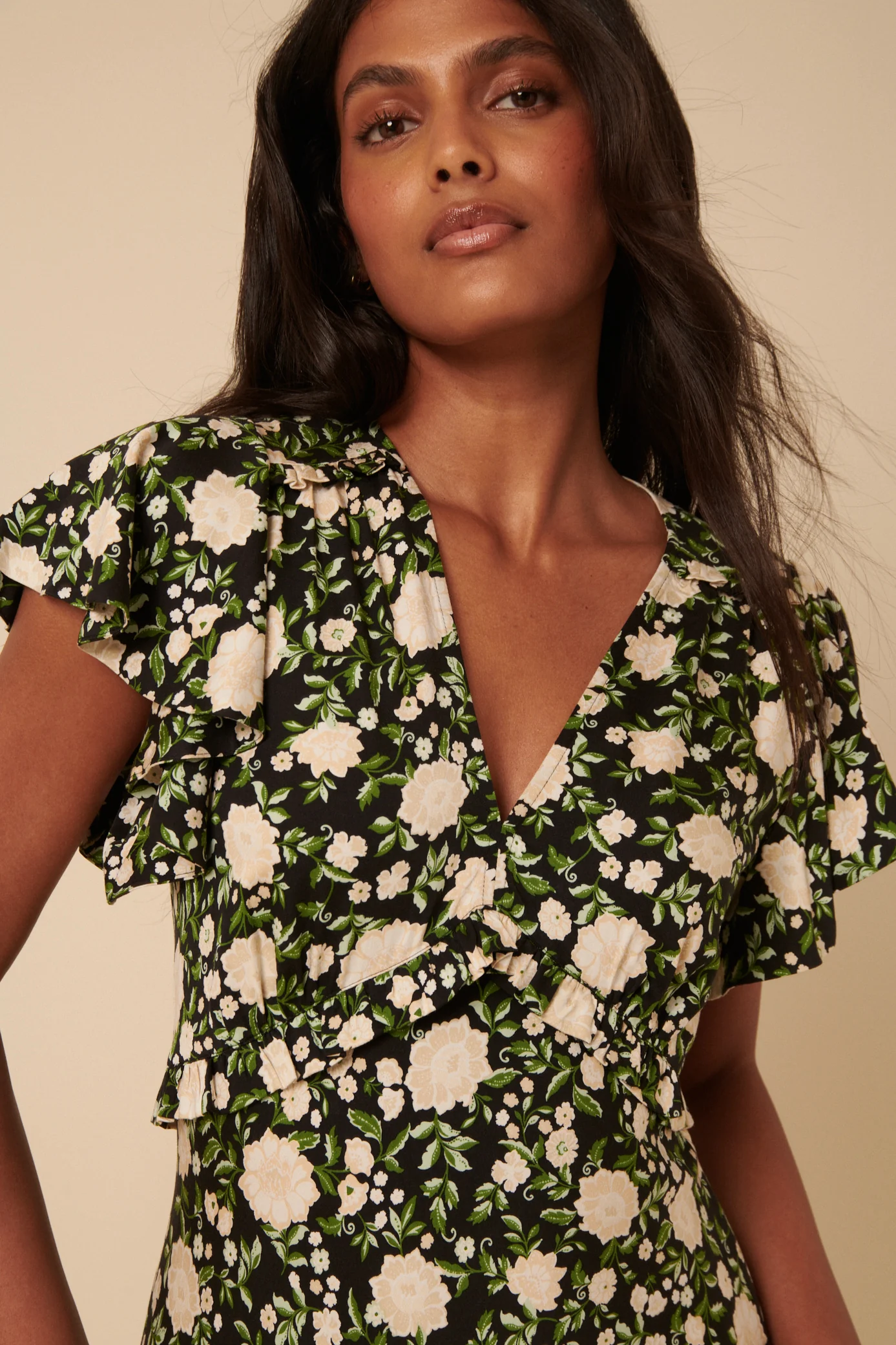 Black Floral Frill Sleeve Martha Midi Dress - Image 5