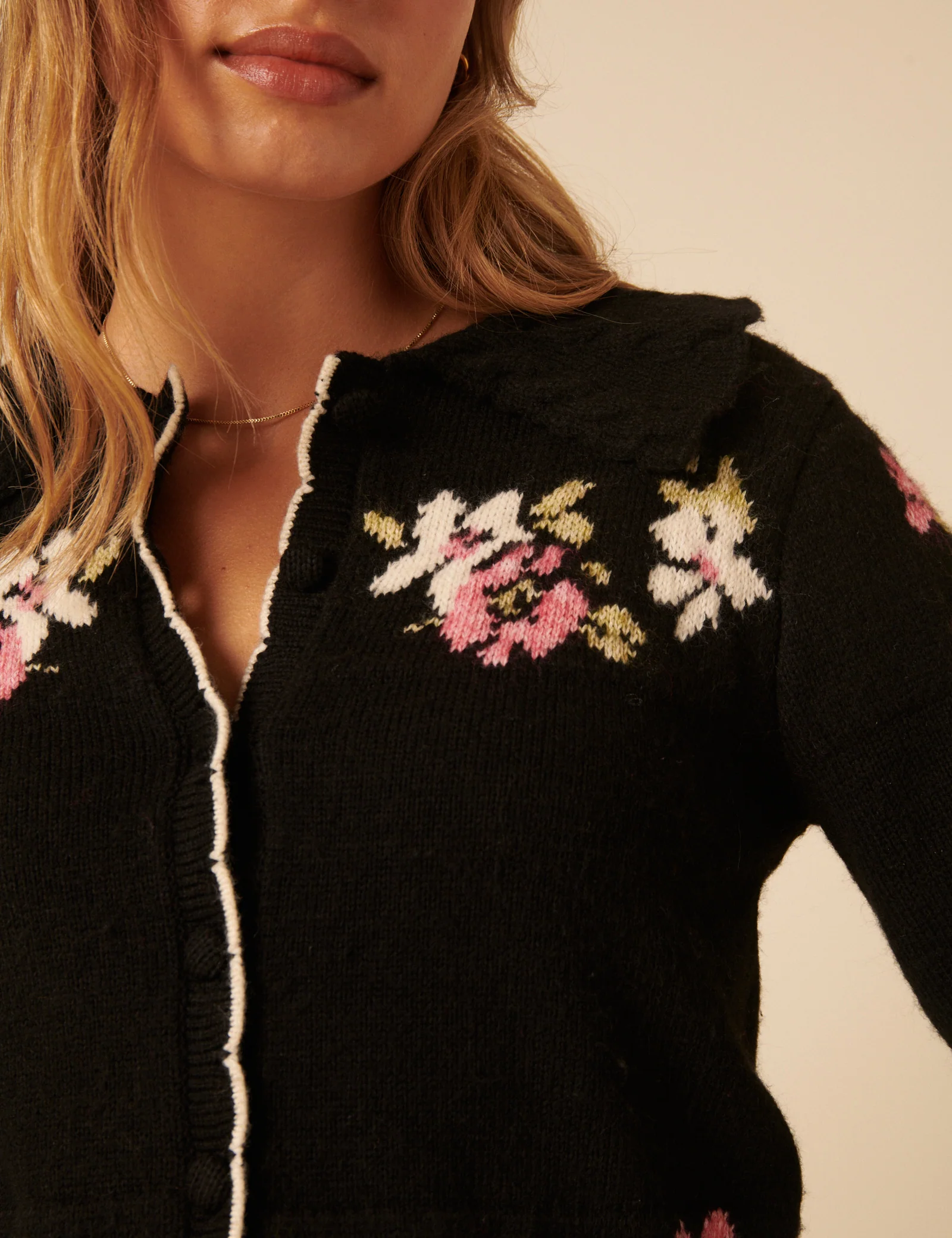 Black Floral Jacquard Collared Cardigan - Image 3