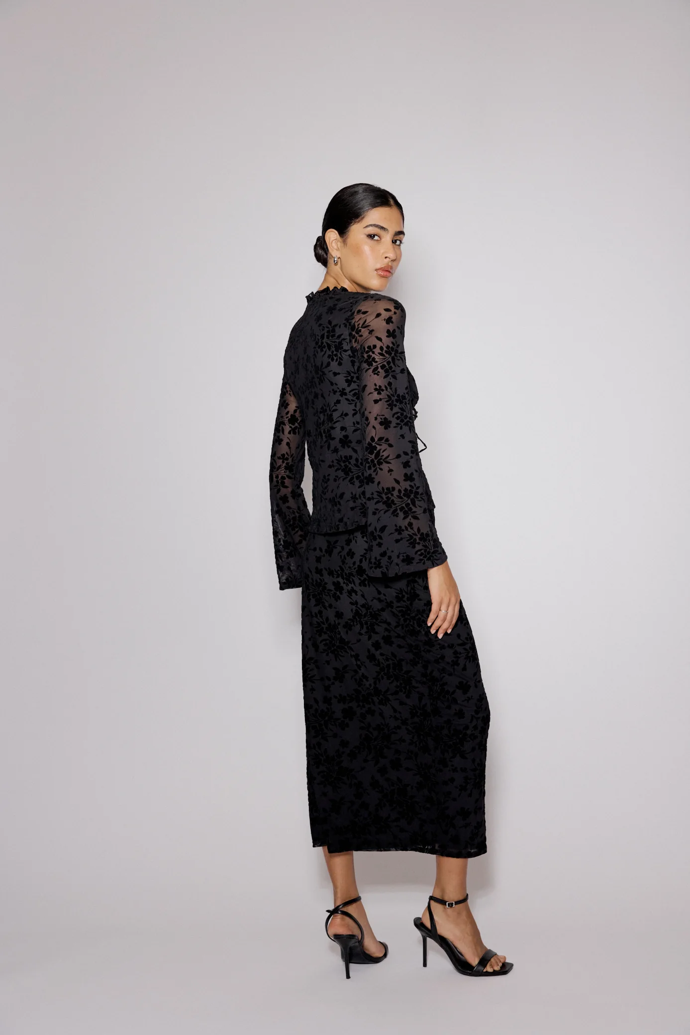 Black Floral Jacquard Frill Top - Image 5