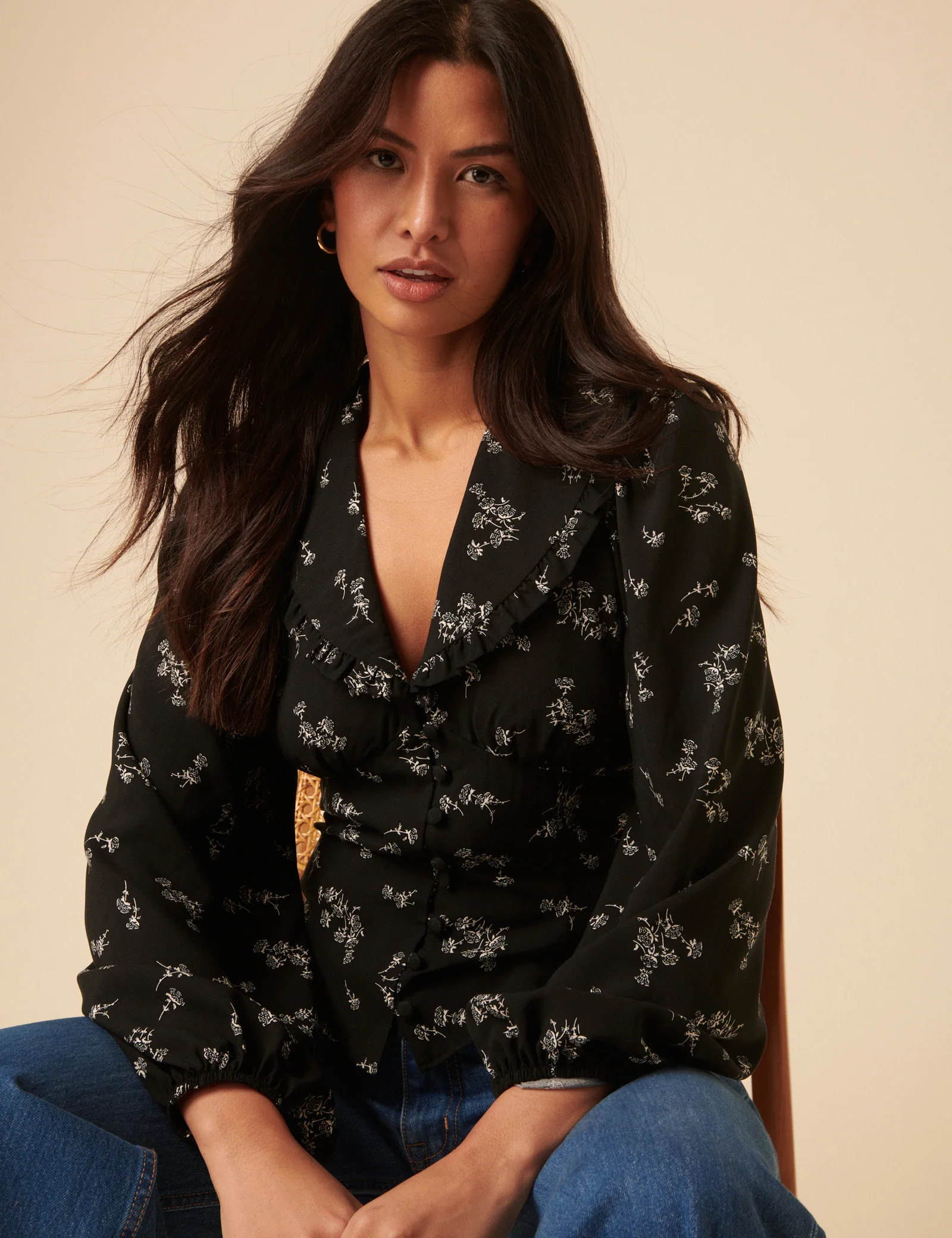 Black Floral Long Sleeve Blouse - Image 4