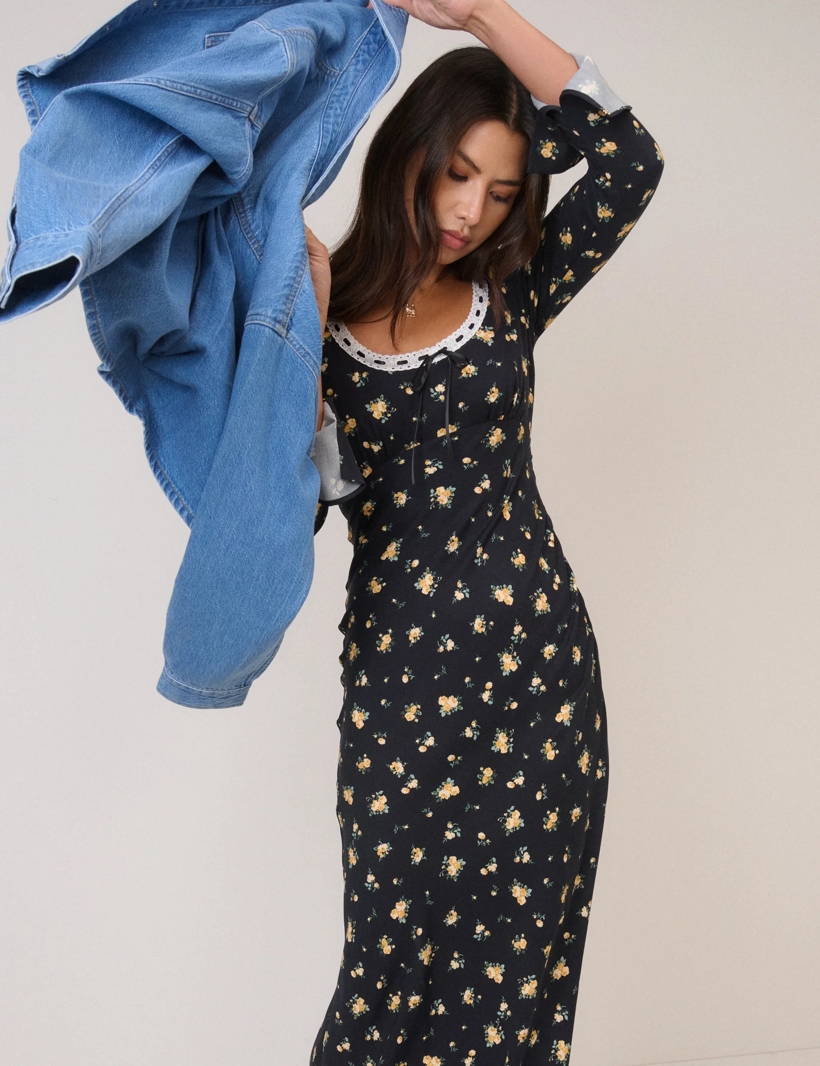 Black Floral Long Sleeve Naples Midi Dress - Image 2