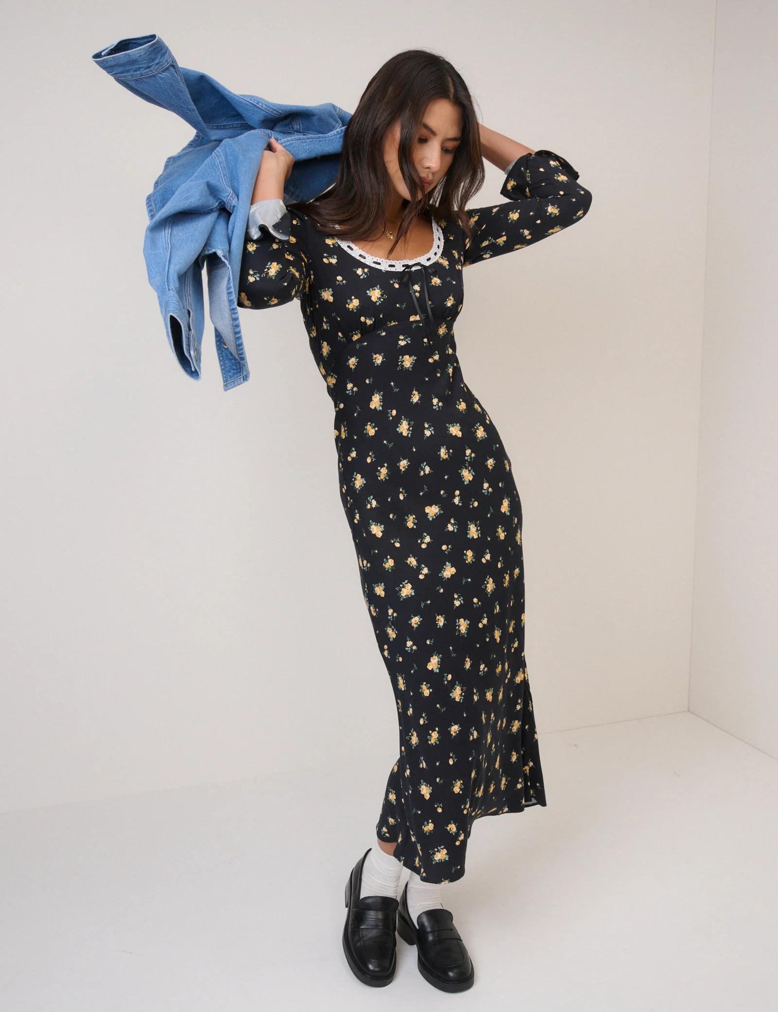 Black Floral Long Sleeve Naples Midi Dress - Image 4