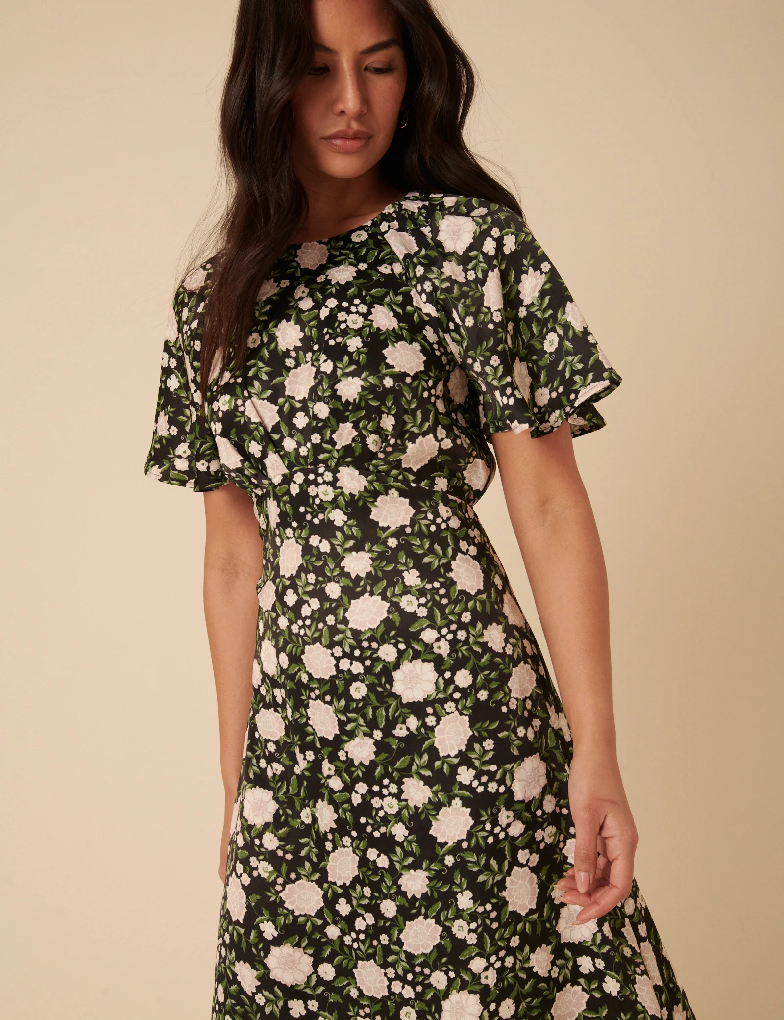 Black Floral Madeira Frill Sleeve Midi Dress - Image 2
