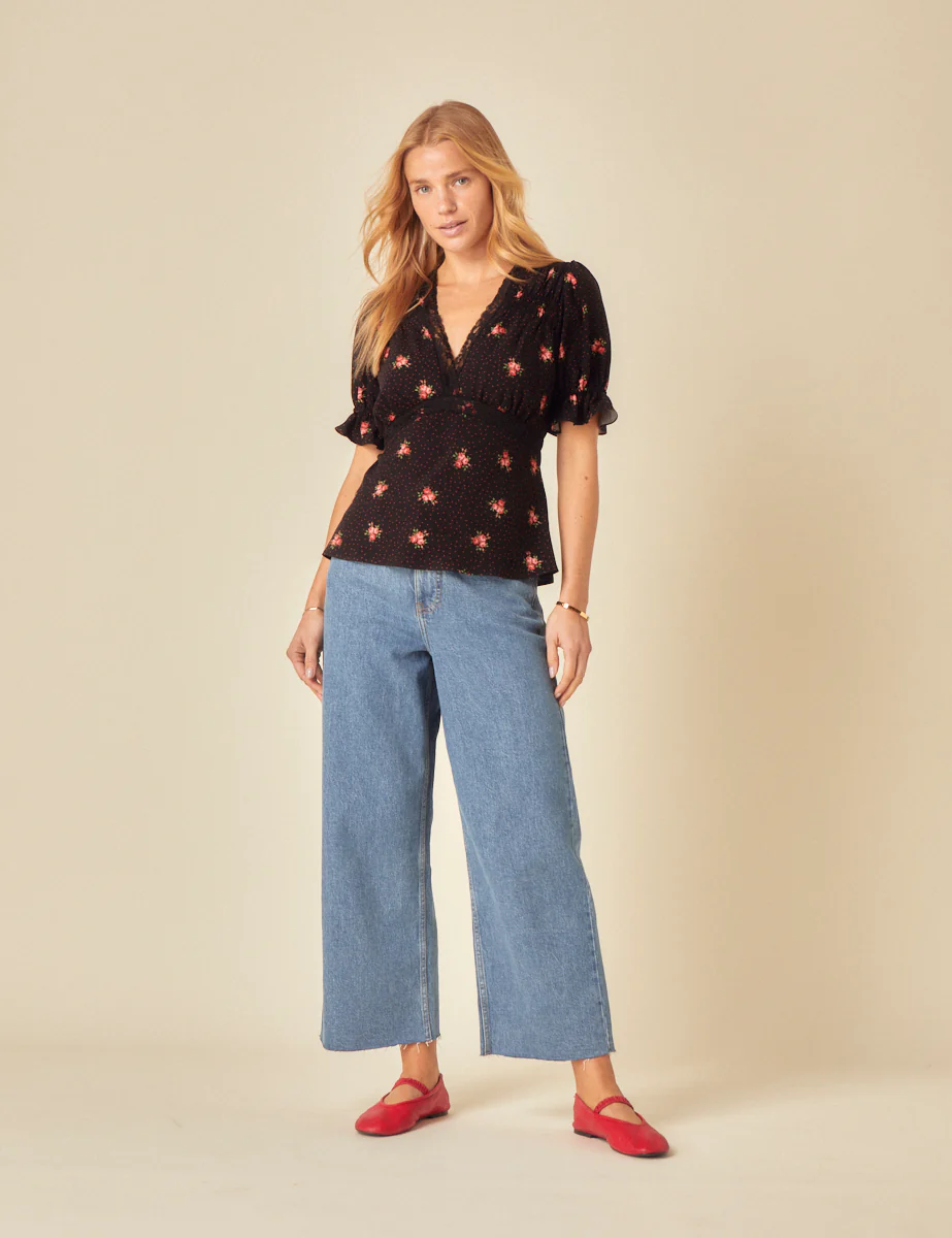 Black Floral Printed Puff Sleeve Top - Image 2