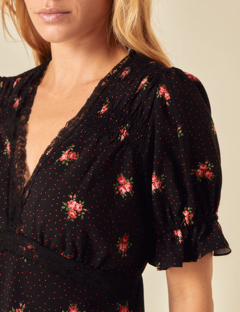 Black Floral Printed Puff Sleeve Top - Image 3