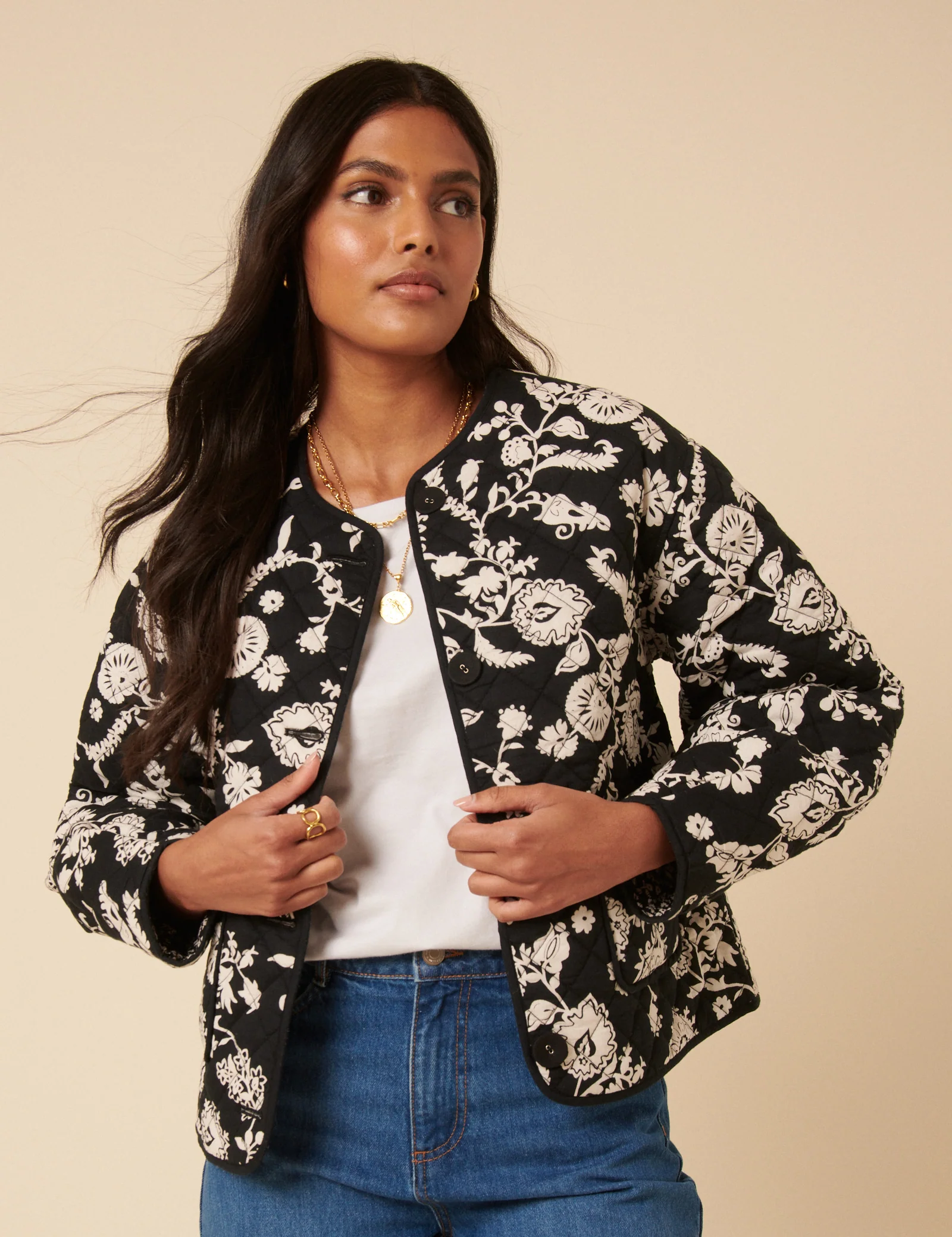 Black Floral Quilted Reversible Jacket - Image 2