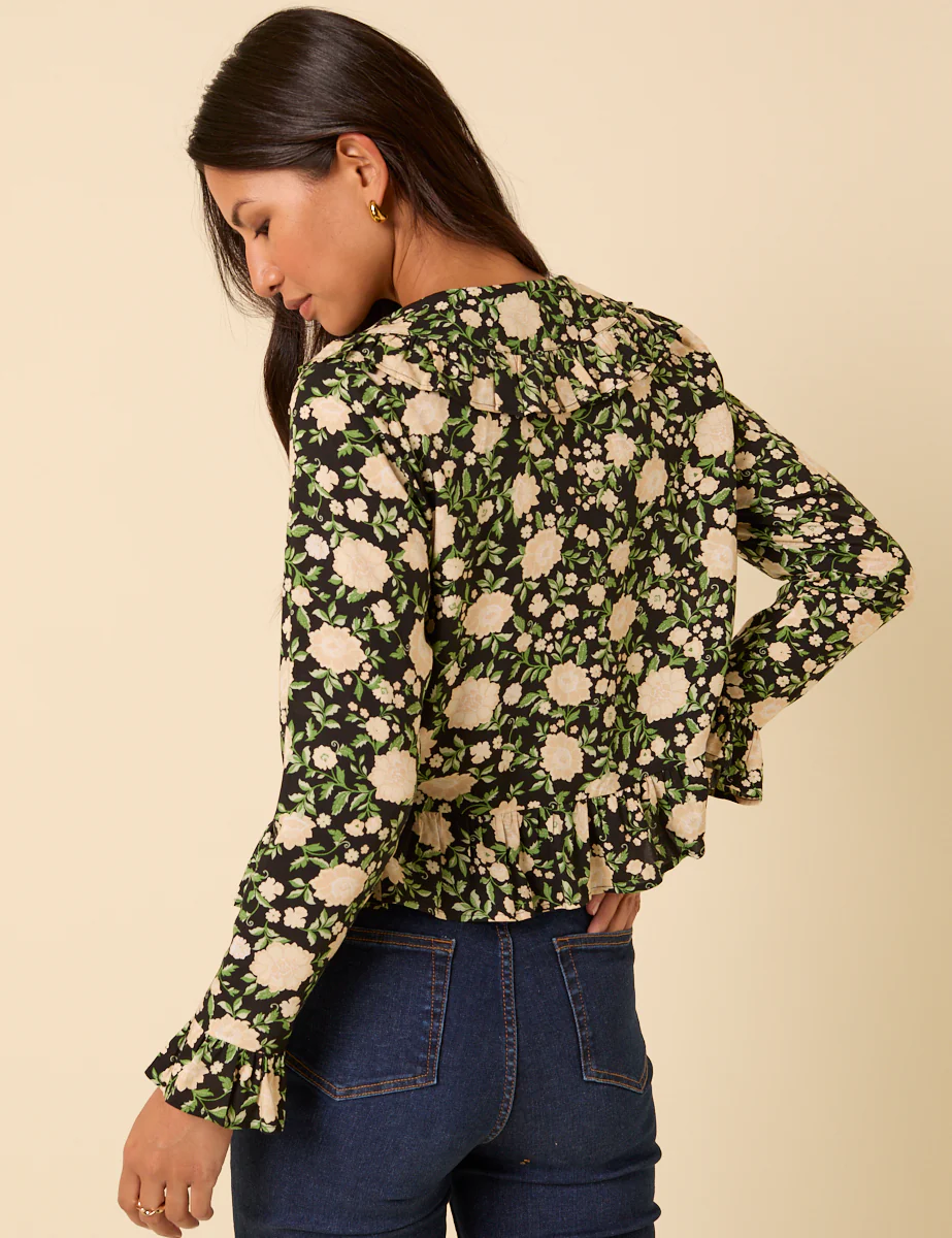 Black Floral Ruffle Collared Blouse - Image 4