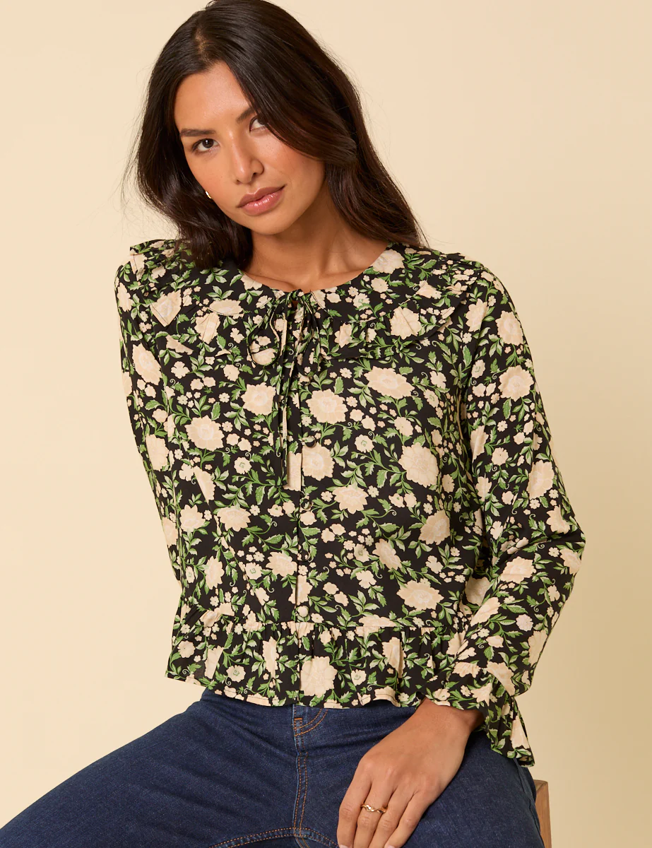 Black Floral Ruffle Collared Blouse - Image 5