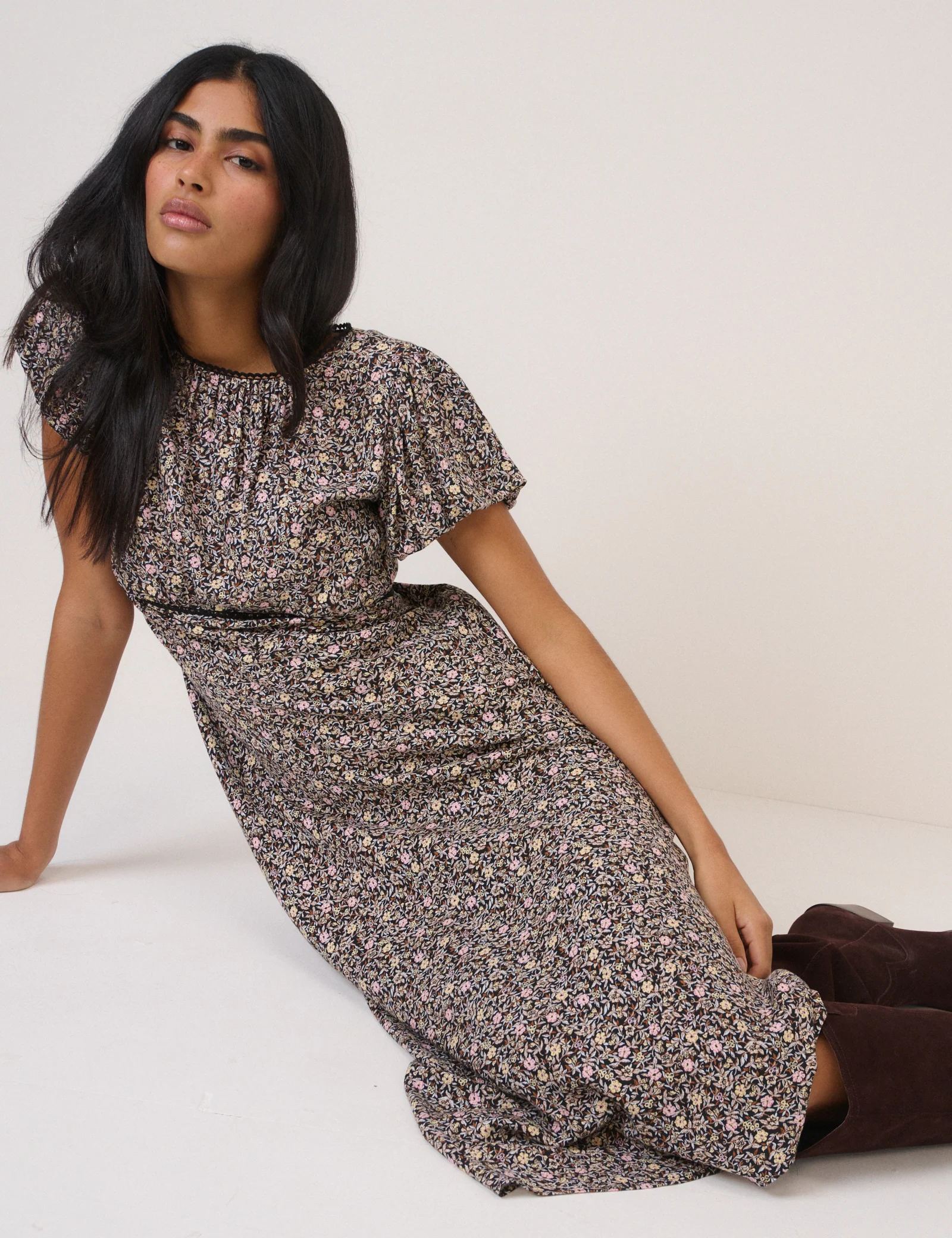 Black Floral Sicily Midi Dress - Image 4