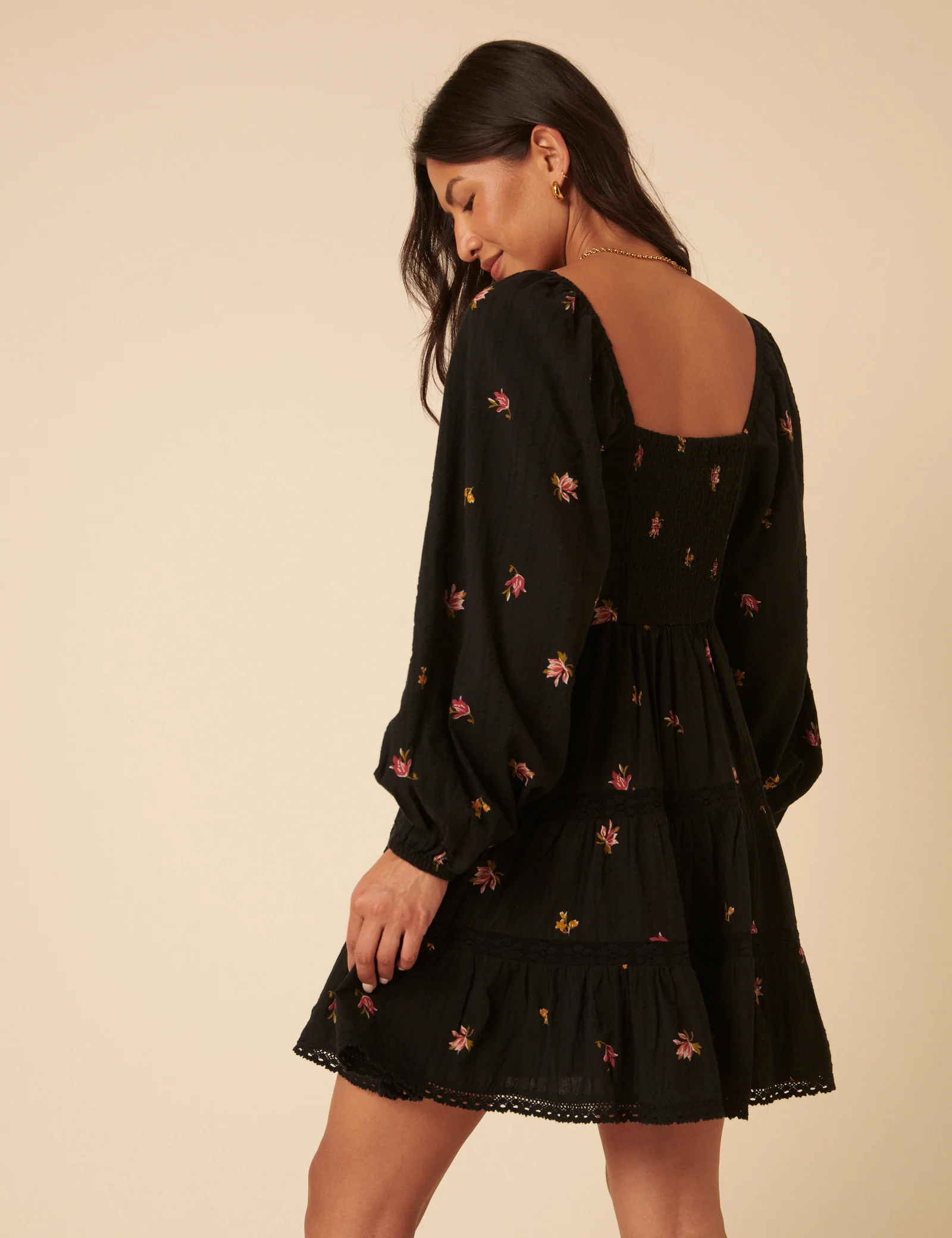 Black Floral Tiered Whitley Mini Dress - Image 5