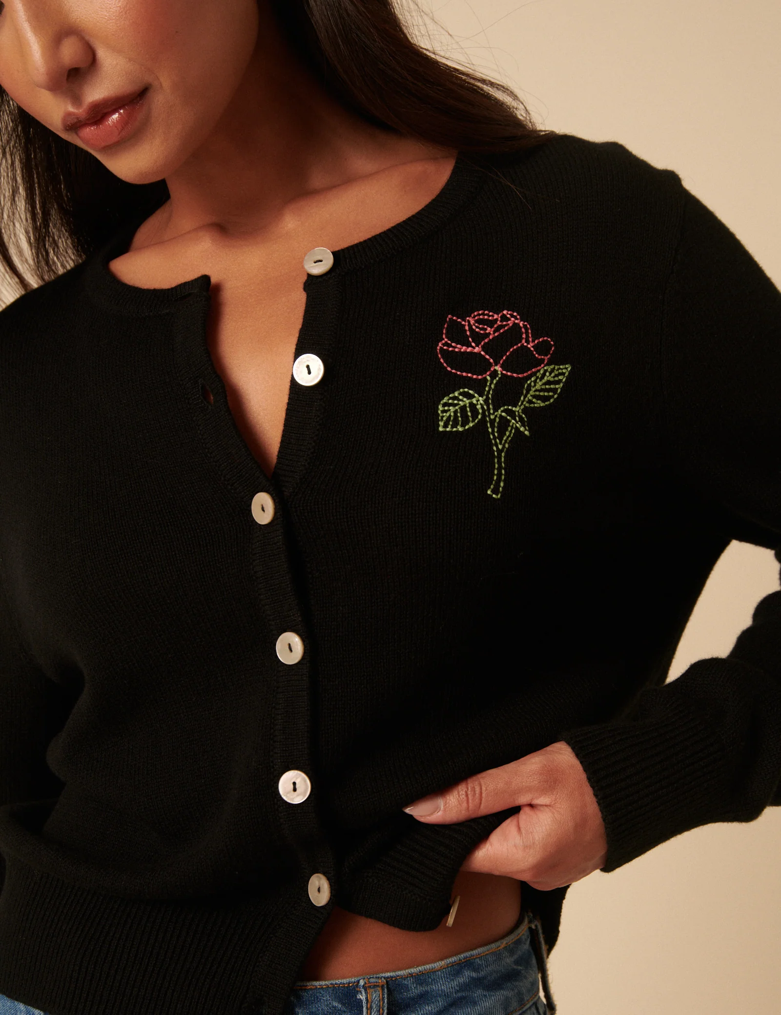 Black Flower Embroidered Cardigan - Image 2