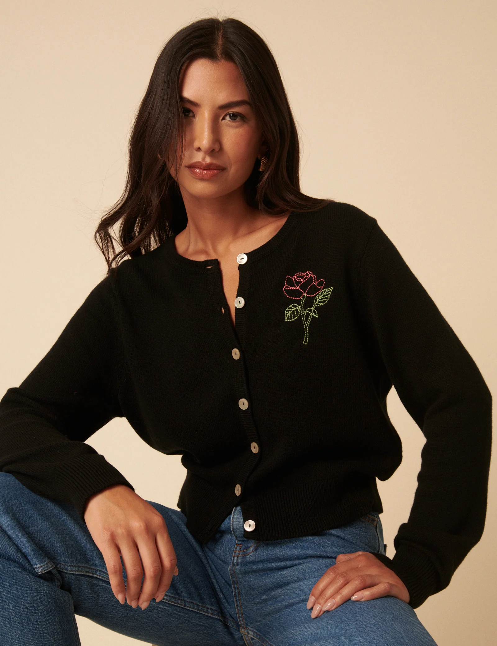 Black Flower Embroidered Cardigan - Image 3