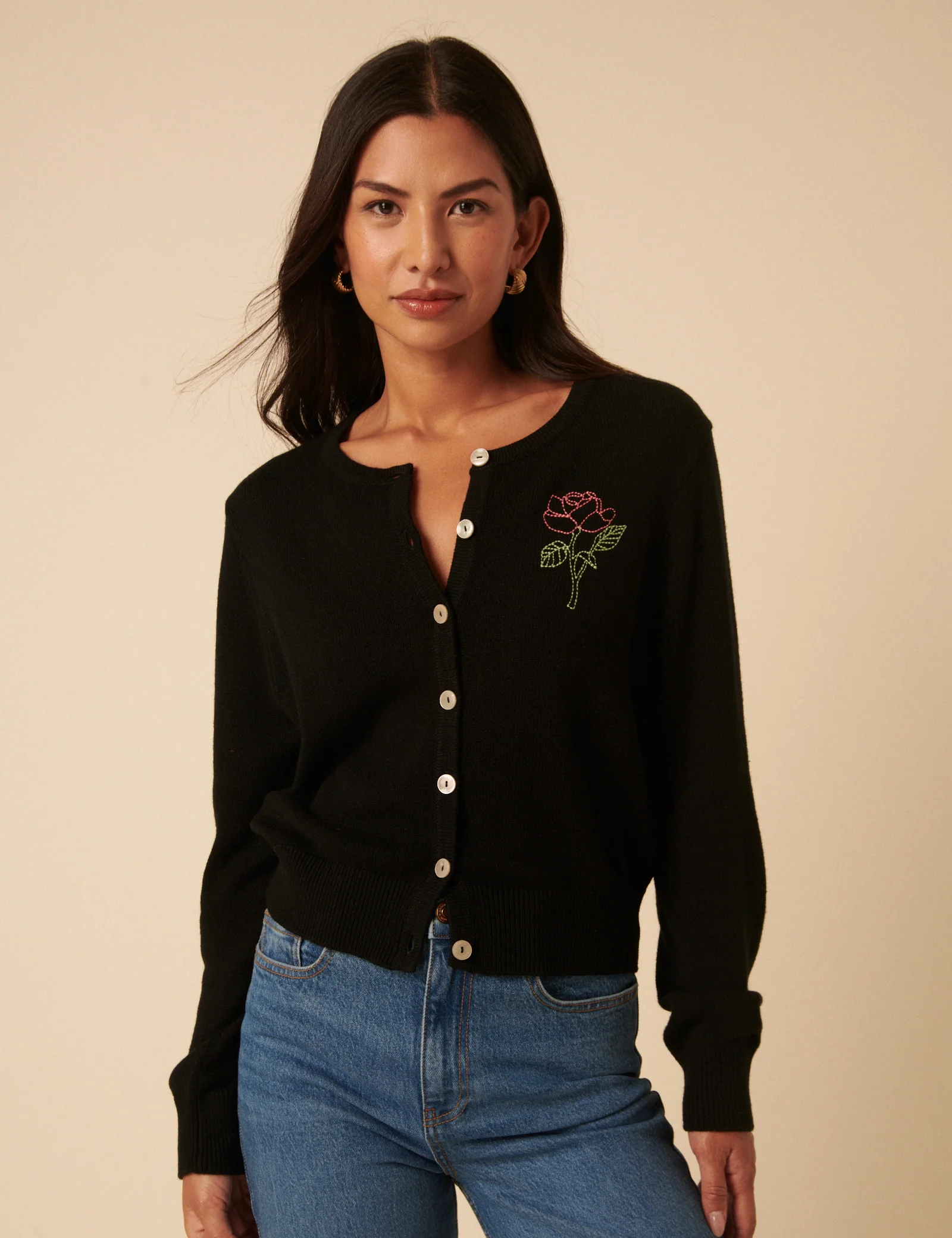 Black Flower Embroidered Cardigan - Image 4