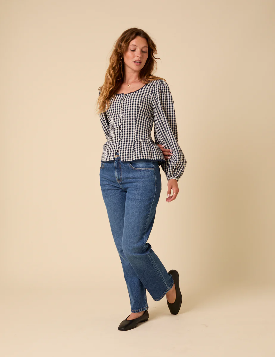 Navy Gingham Scoop Neck Blouse - Image 3