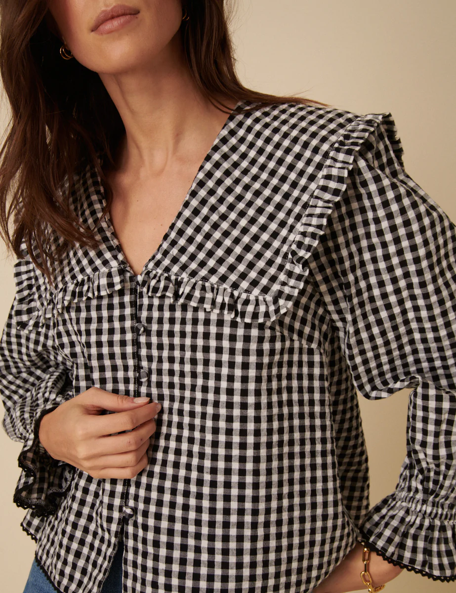 Black Gingham Frill Collar Blouse - Image 2