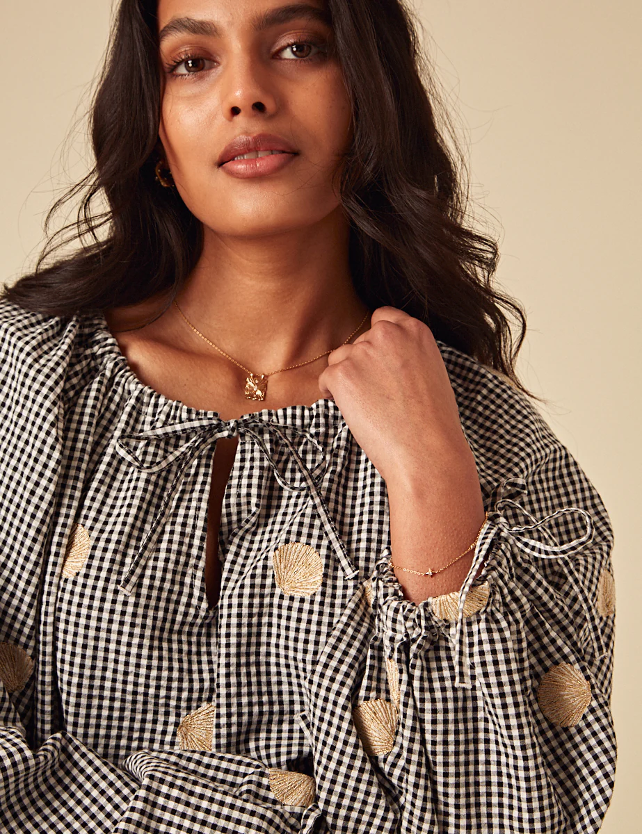 Black Gingham Shell Embroidered Poet Blouse - Image 2
