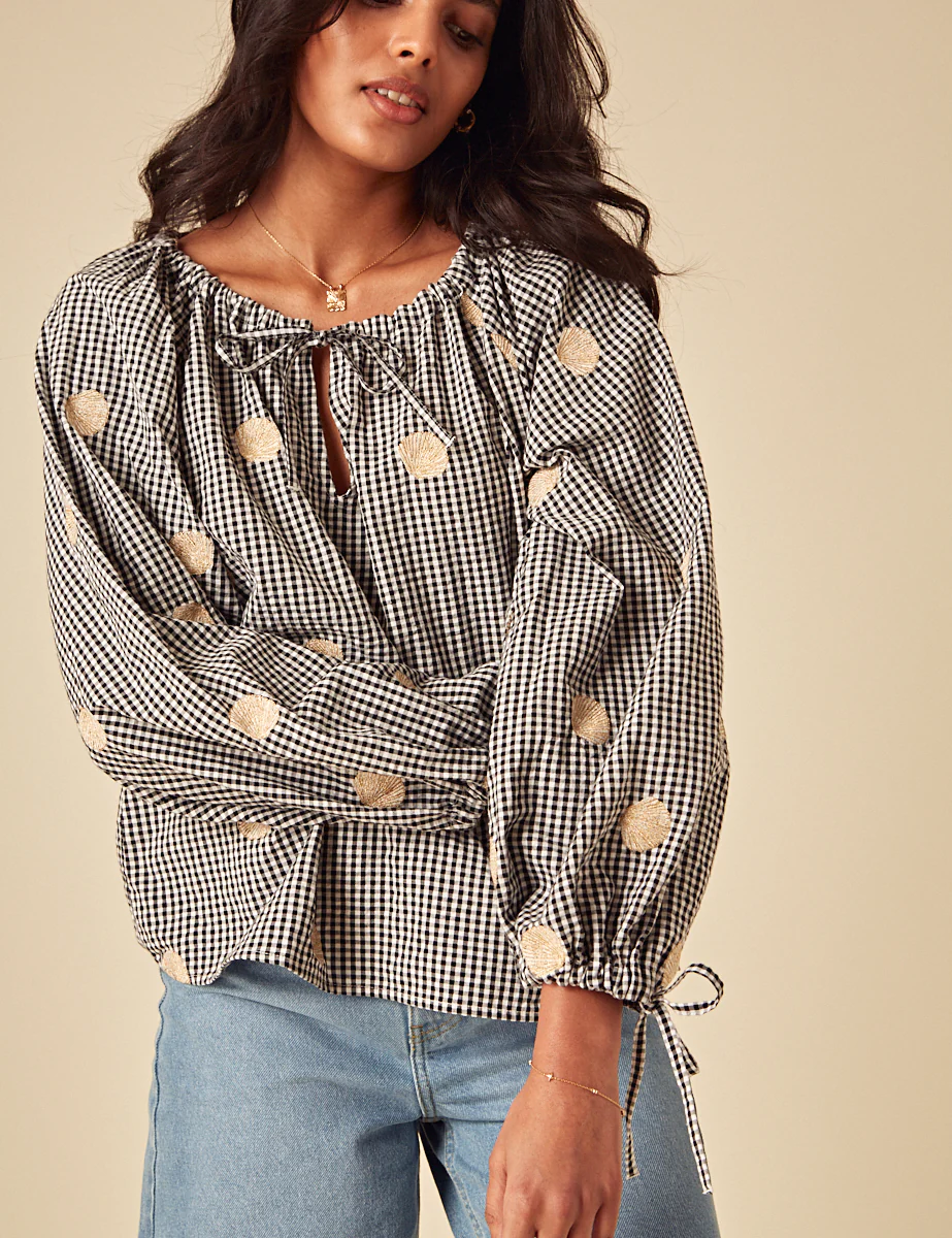 Black Gingham Shell Embroidered Poet Blouse - Image 3