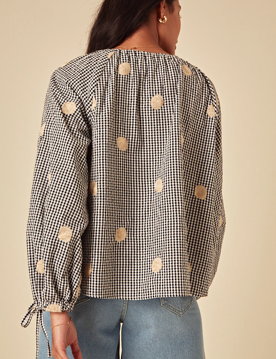 Black Gingham Shell Embroidered Poet Blouse - Image 4