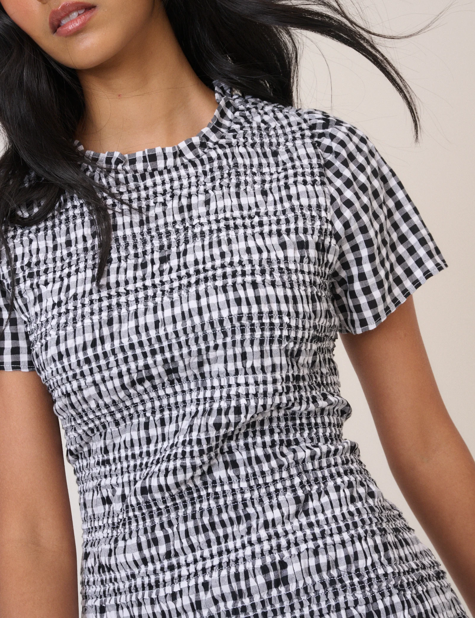 Black Gingham Shirred Martha Mini Dress - Image 2