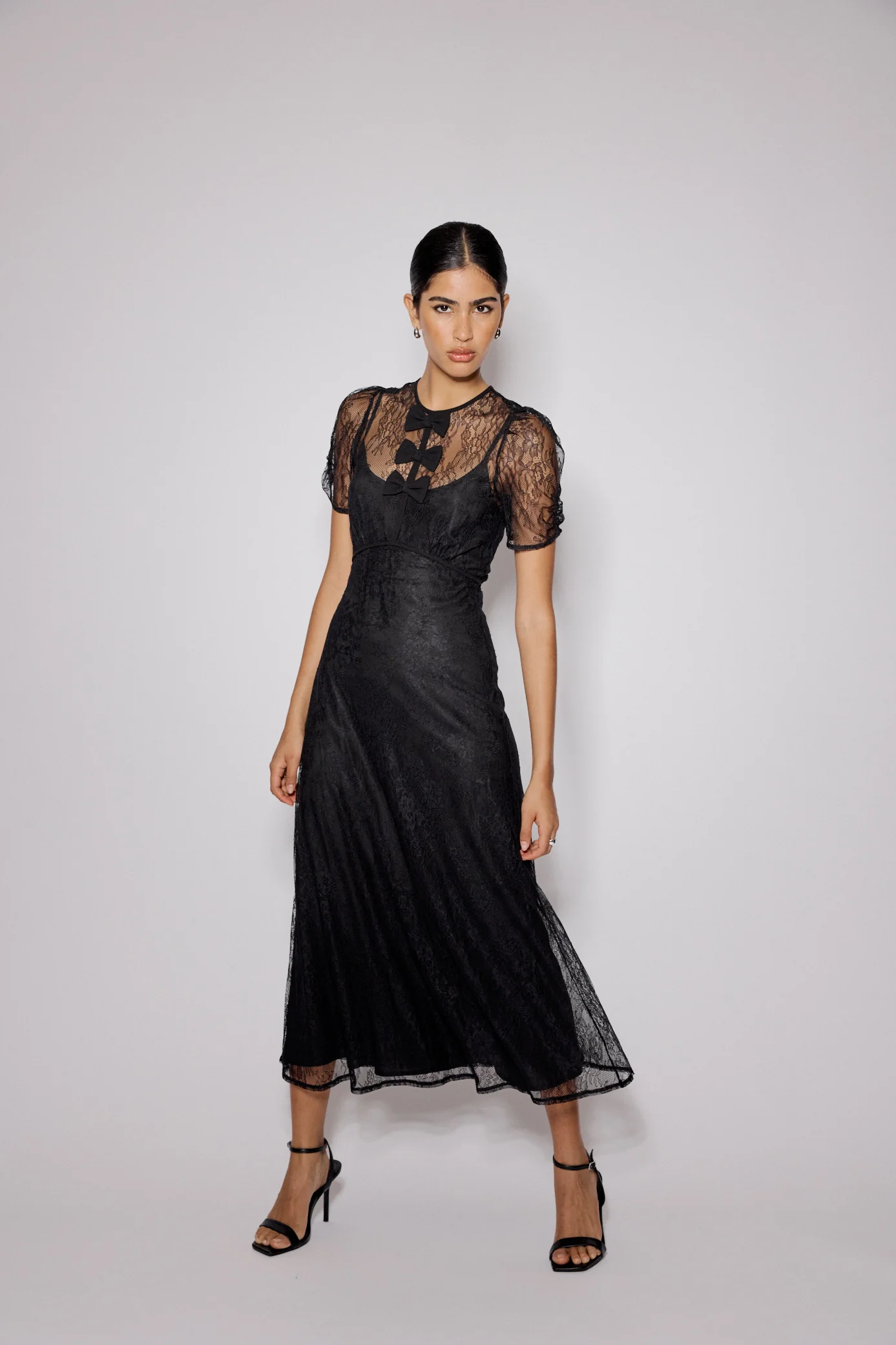 Black Lace Bow Front Una Midi Dress - Image 2