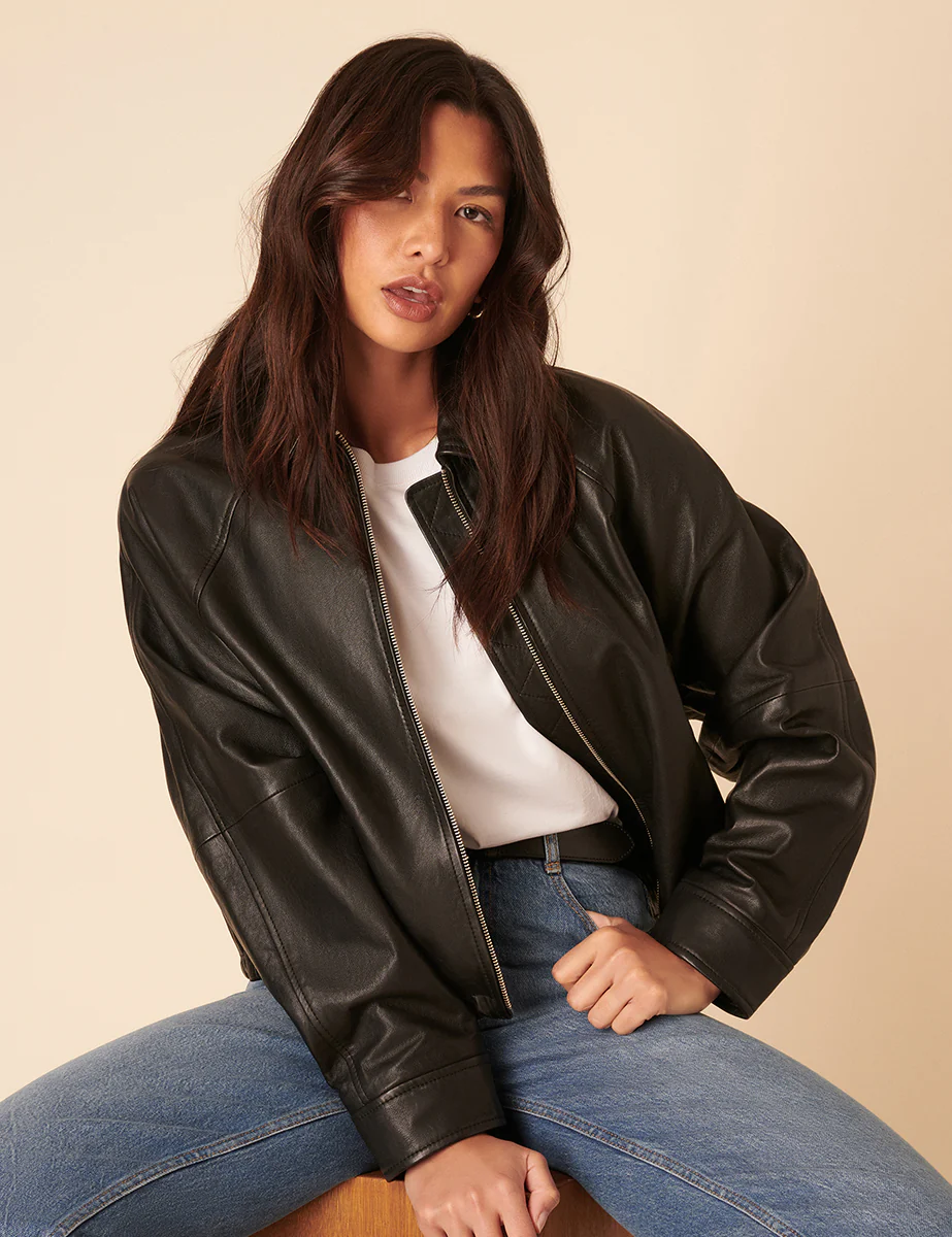 Black Leather Bomber Jacket - Image 2