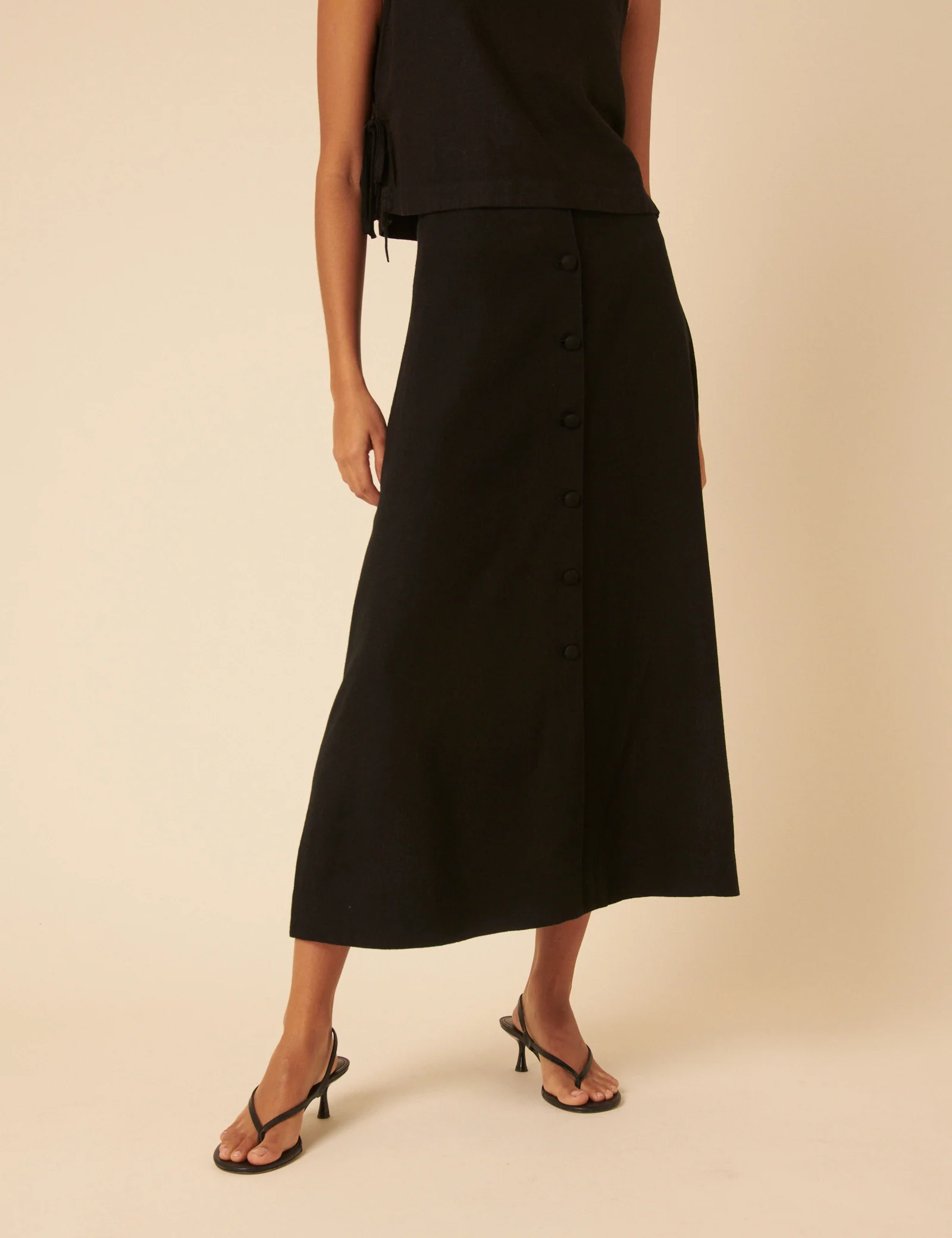 Black Linen-Blend Button Down Midi Skirt - Image 2