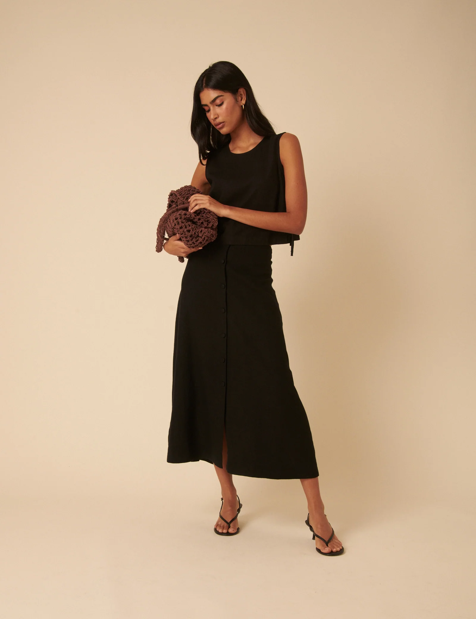 Black Linen-Blend Button Down Midi Skirt - Image 3
