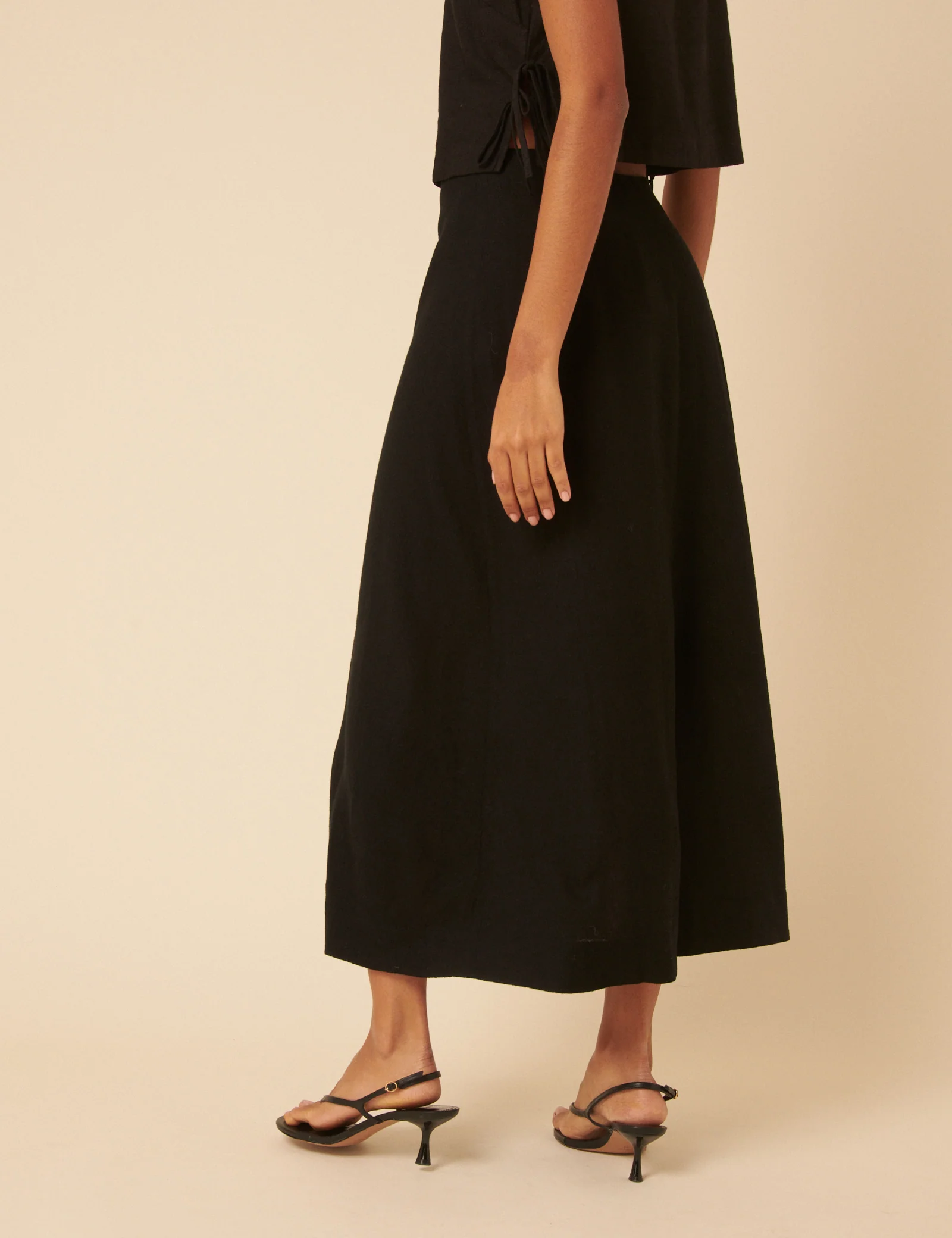 Black Linen-Blend Button Down Midi Skirt - Image 4
