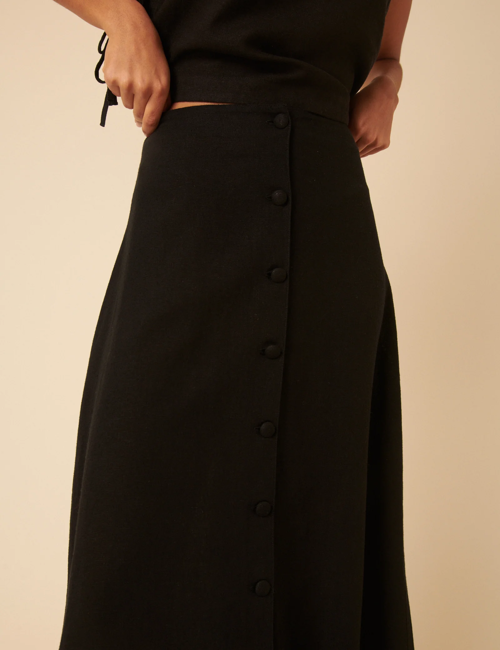 Black Linen-Blend Button Down Midi Skirt - Image 5