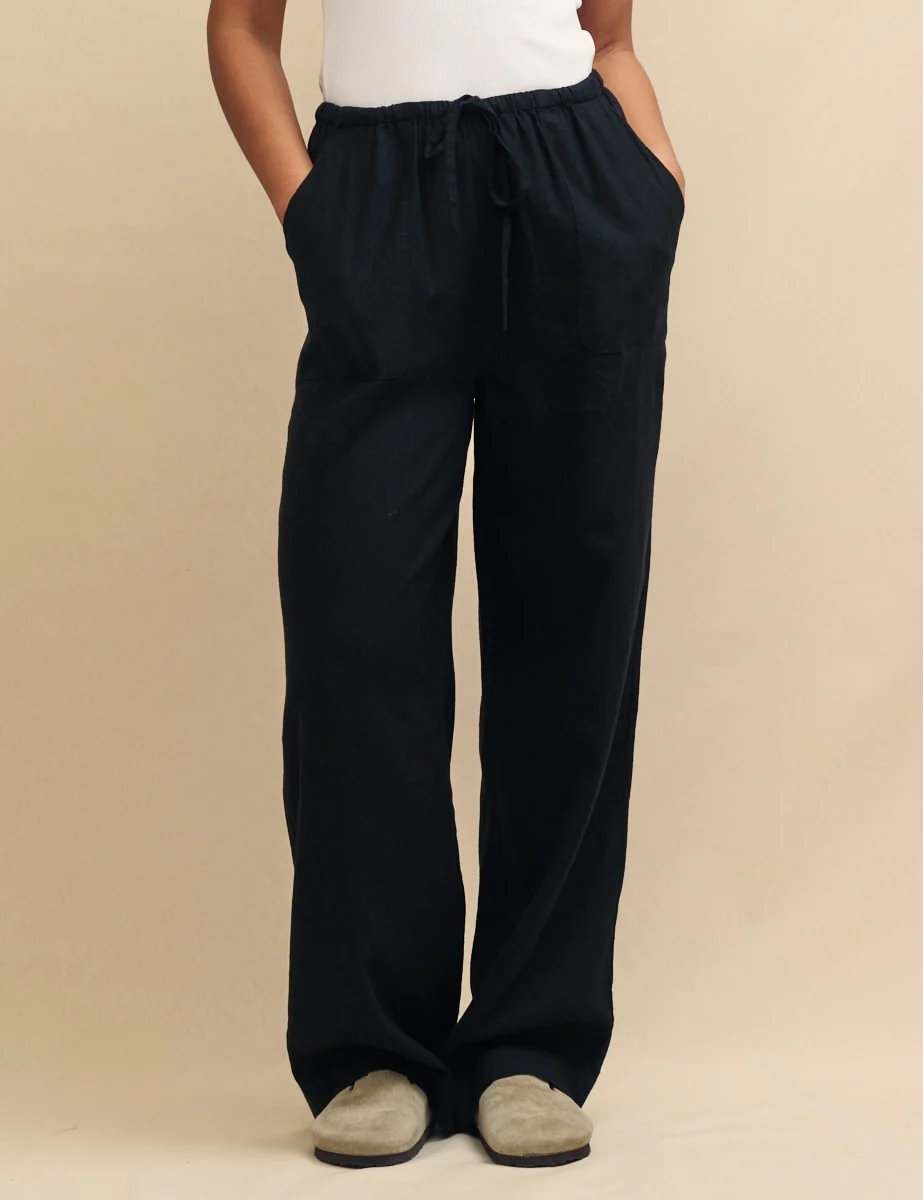 Black Linen-Blend Drawstring Trousers - Image 2