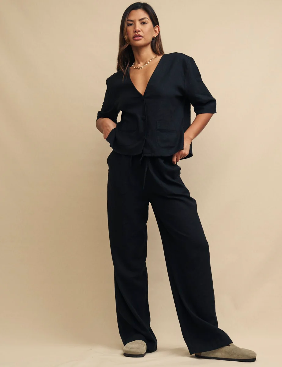 Black Linen-Blend Drawstring Trousers - Image 3
