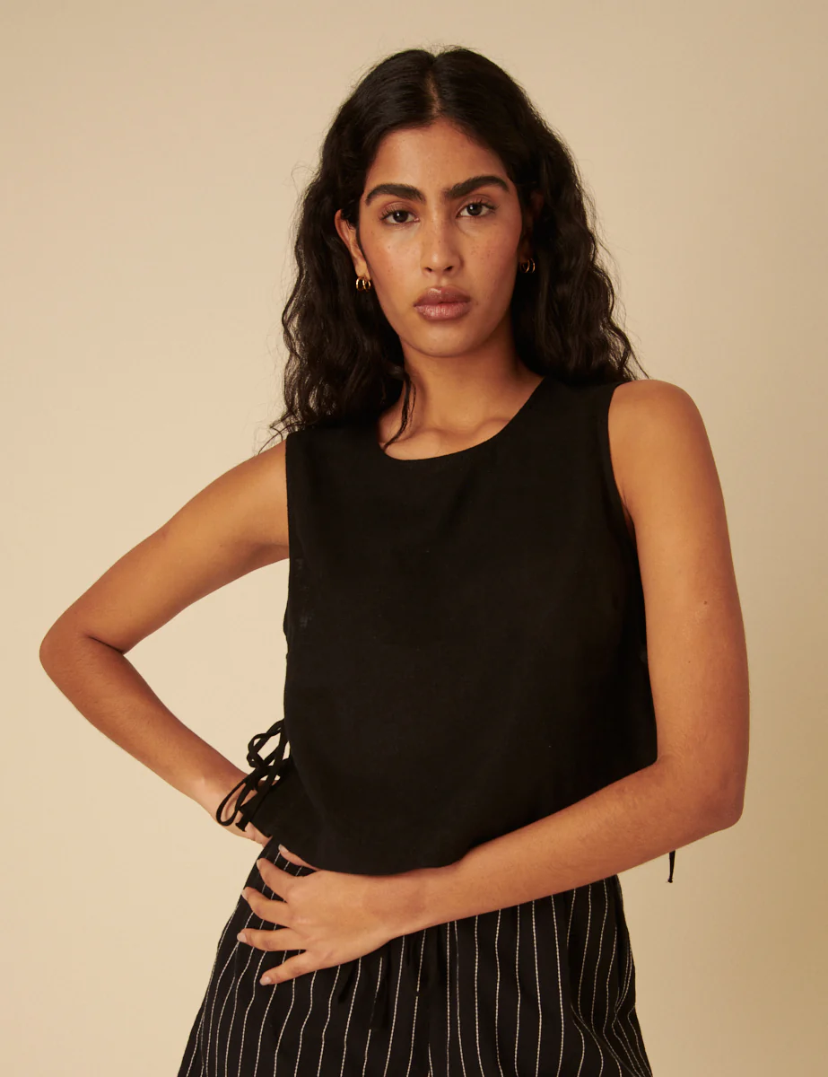Black Linen-Blend Side Tie Sleeveless Top - Image 5
