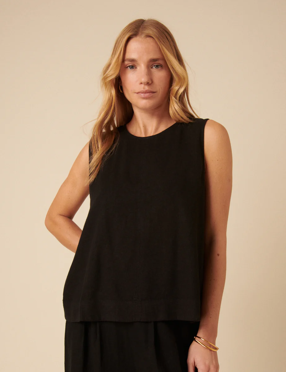 Black Linen-Blend Swing Top