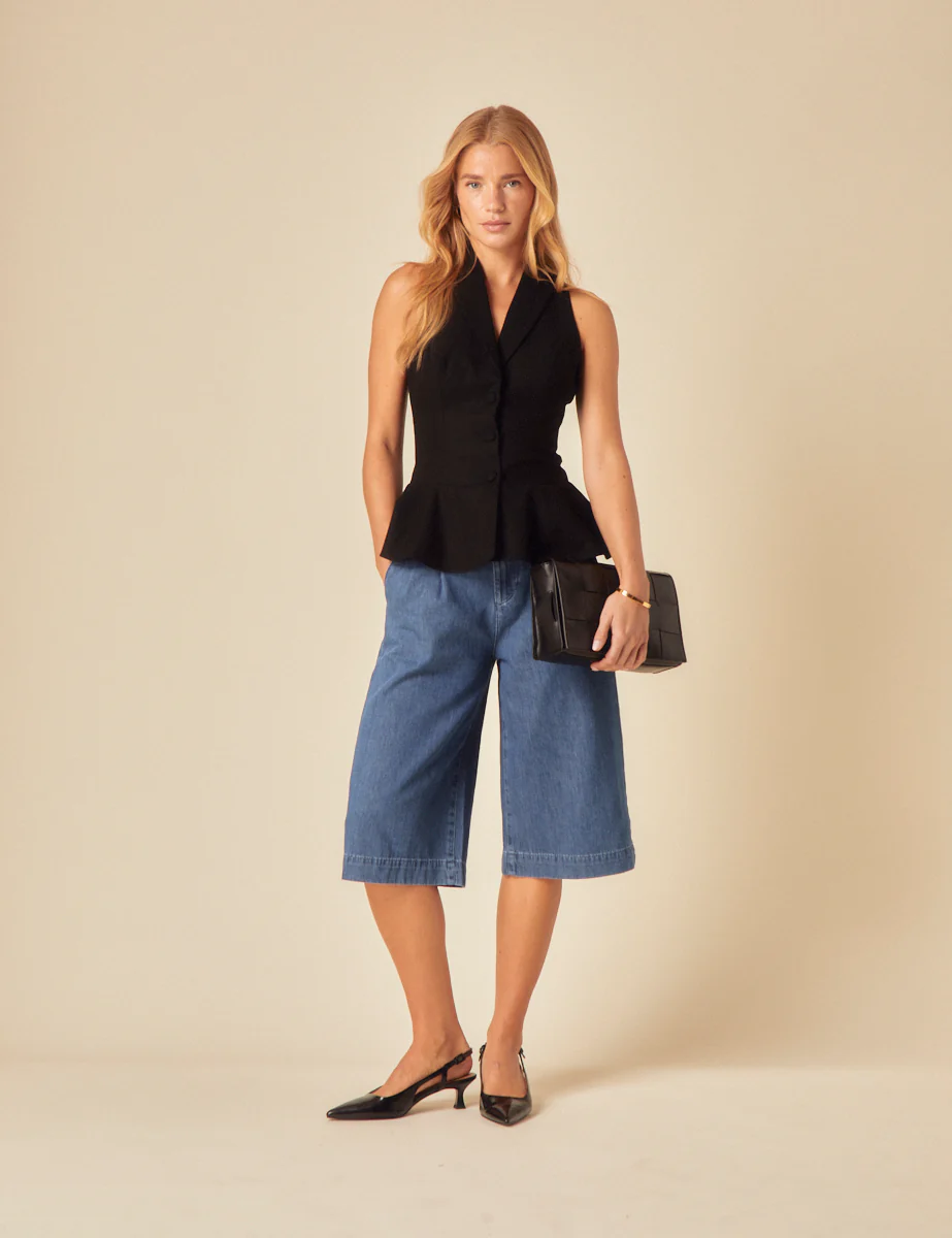 Black Linen-Blend Tailored Peplum Waistcoat - Image 3