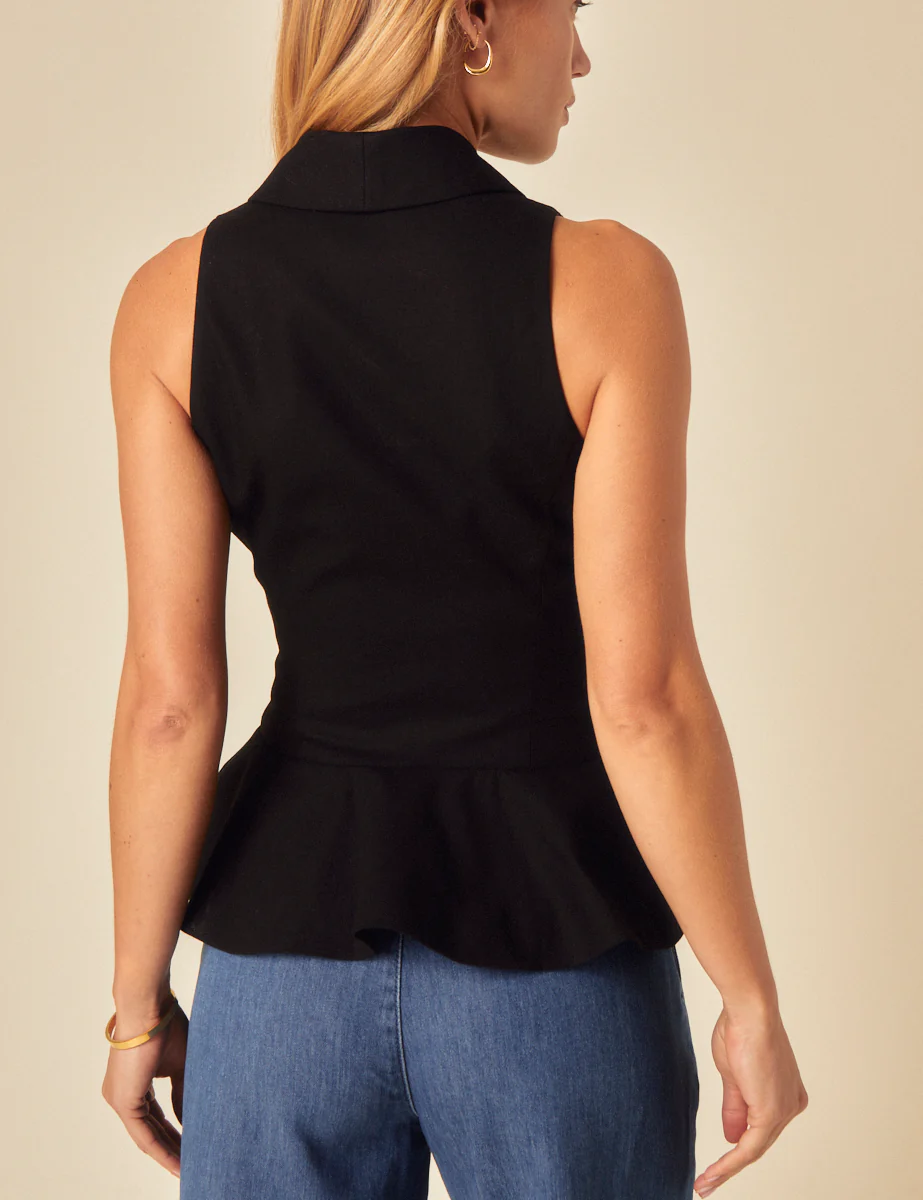 Black Linen-Blend Tailored Peplum Waistcoat - Image 5