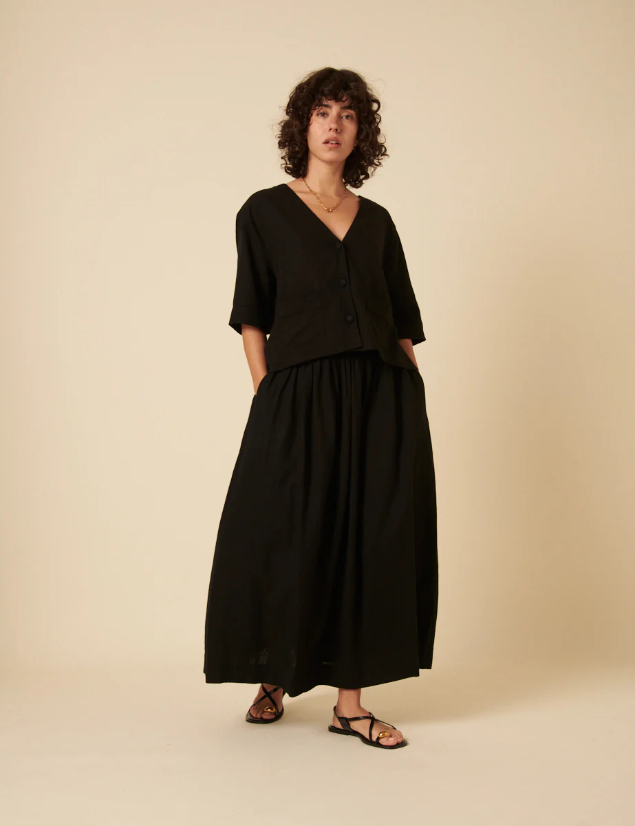 Black Linen-Blend V-Neck Shirt - Image 4