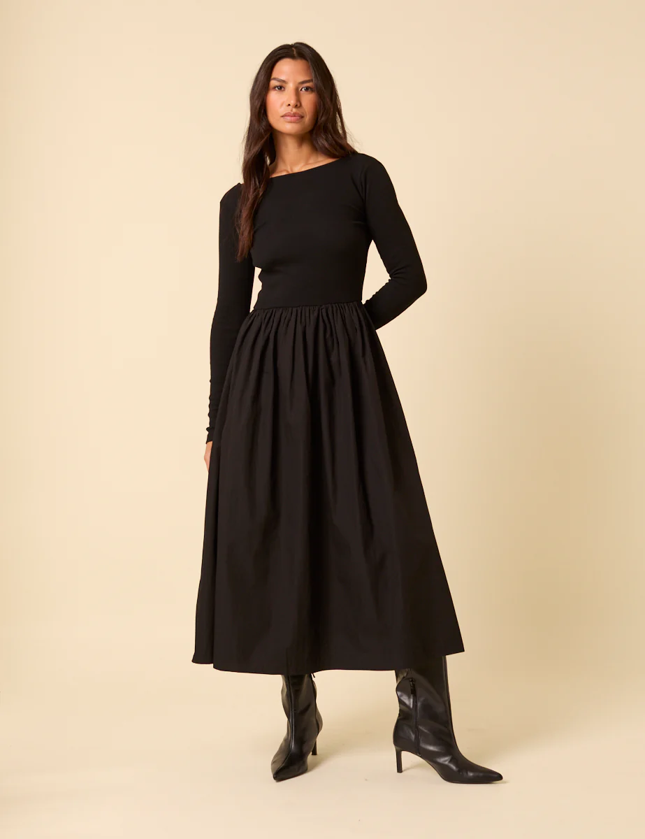 Black Long Sleeve A-Line Penni Midi Dress - Image 3