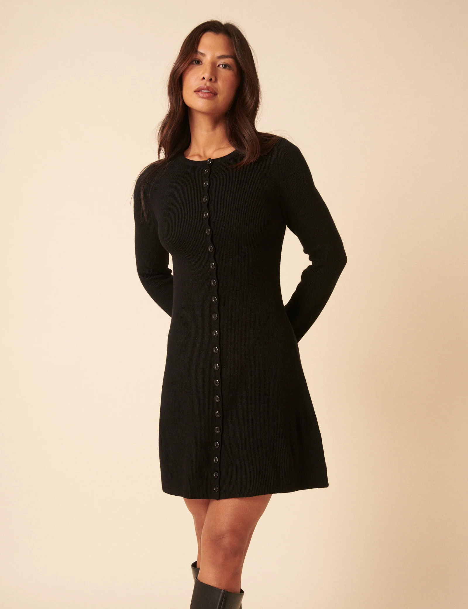 Black Long Sleeve Button Through Knitted Mini Dress - Image 3