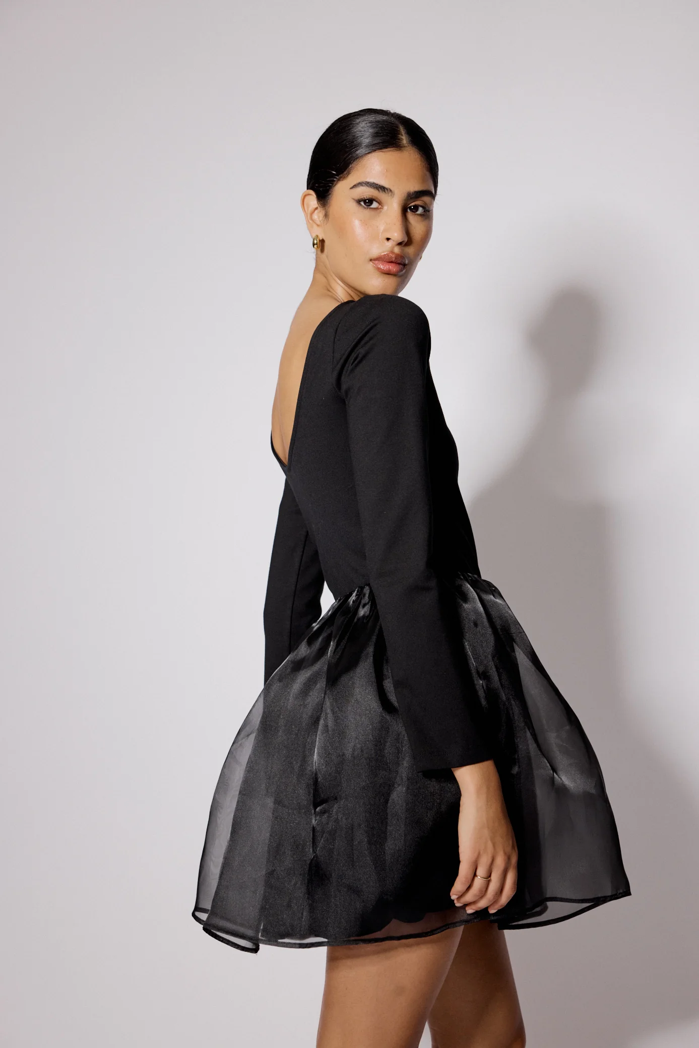 Black Long Sleeve Organza Poppy Mini Dress - Image 5