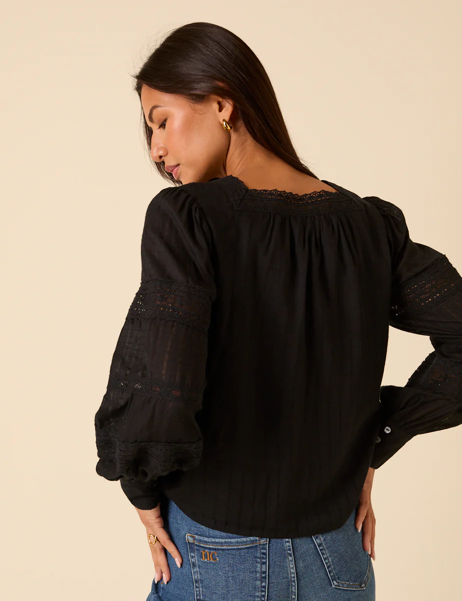 Black Long Sleeve Lace Trim Blouse - Image 5