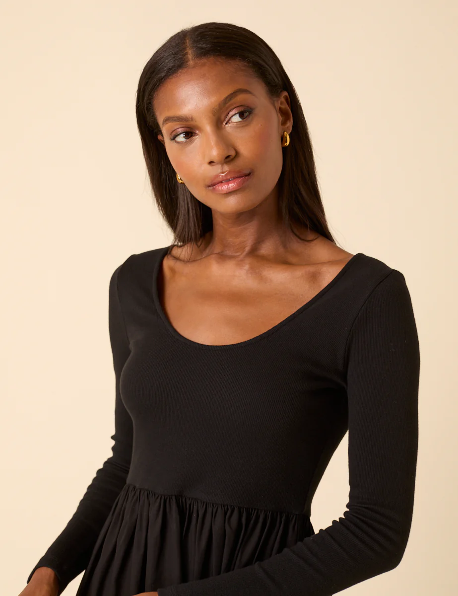 Black Scoop Neck A-Line Midi Dress - Image 2