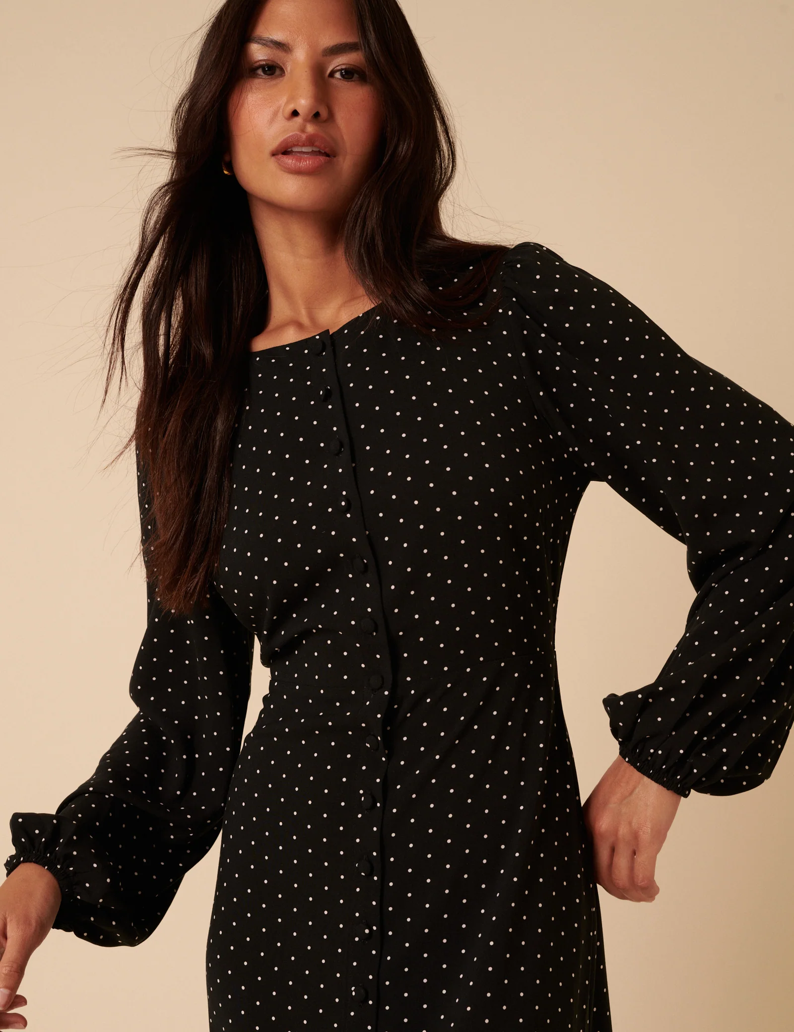 Black Polka Dot Balloon Sleeve Amara Midi Dress - Image 3