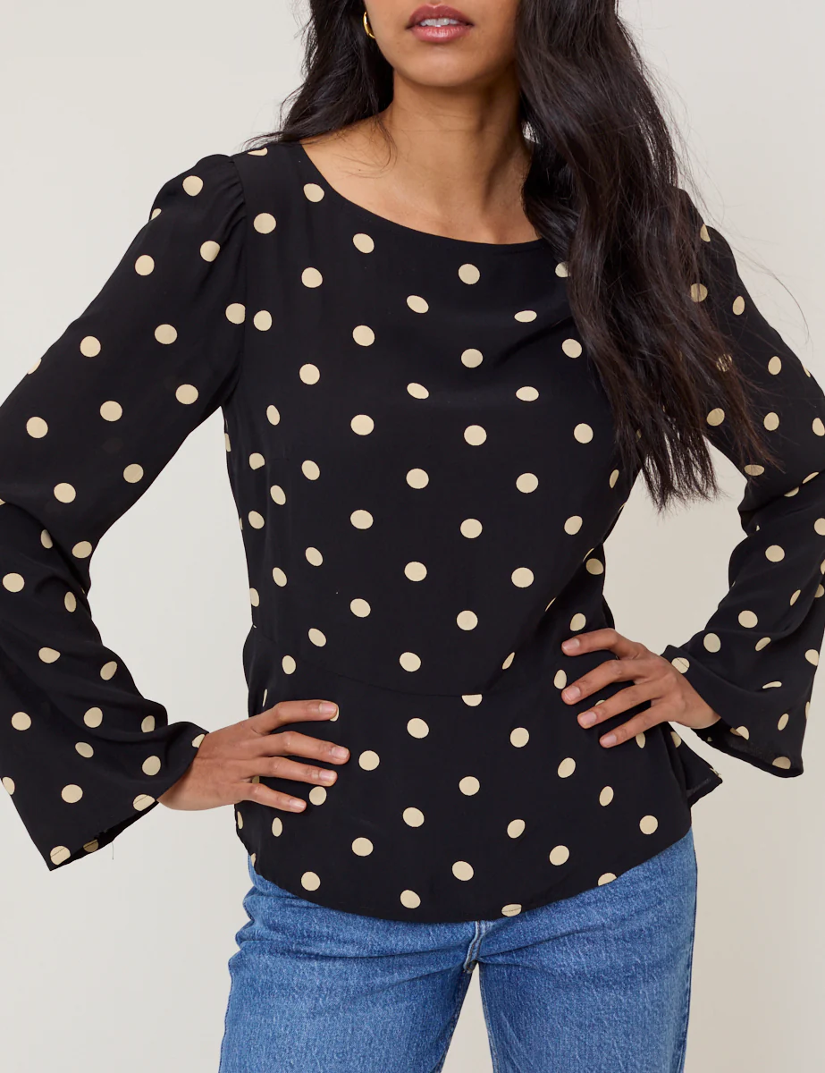 Black Polka Dot Flute Sleeve Blouse - Image 2