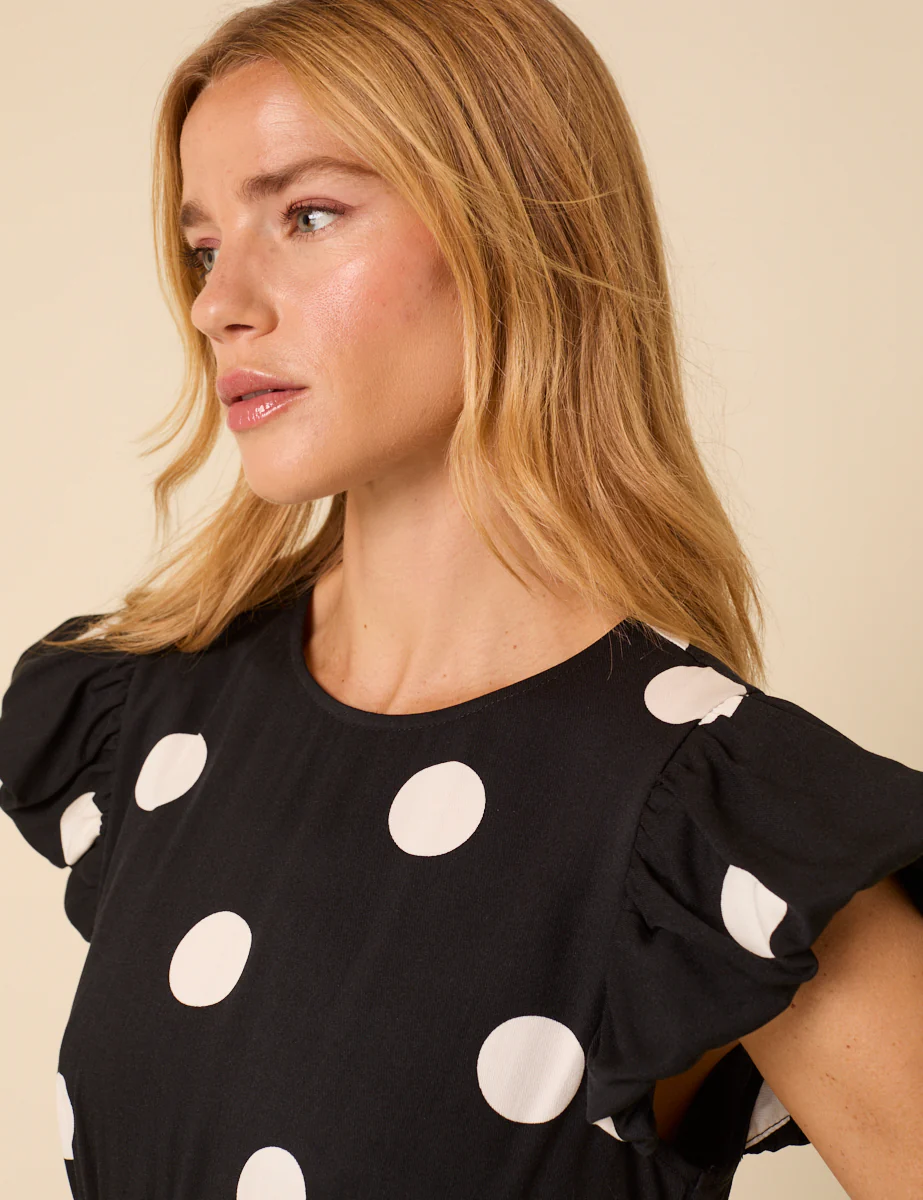 Black Polka Dot Frill Sleeve Clara Midi Dress - Image 3