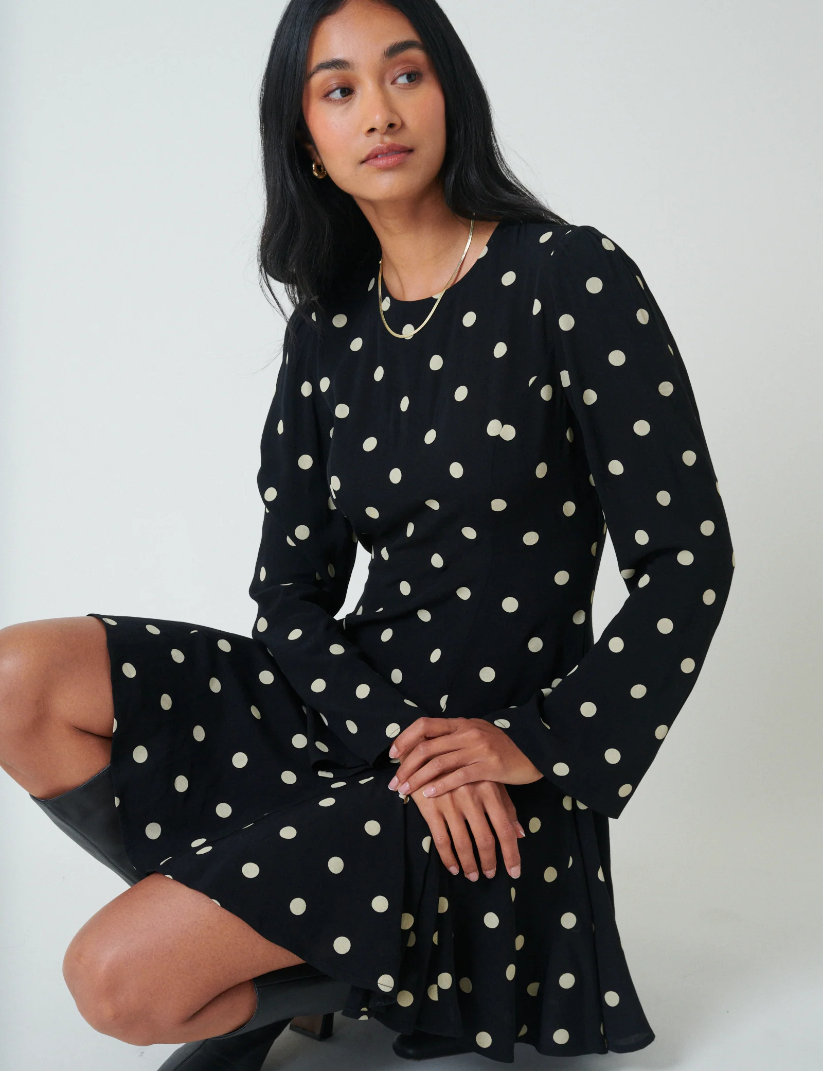 Black Polka Dot Long Sleeve Paris Mini Dress - Image 5